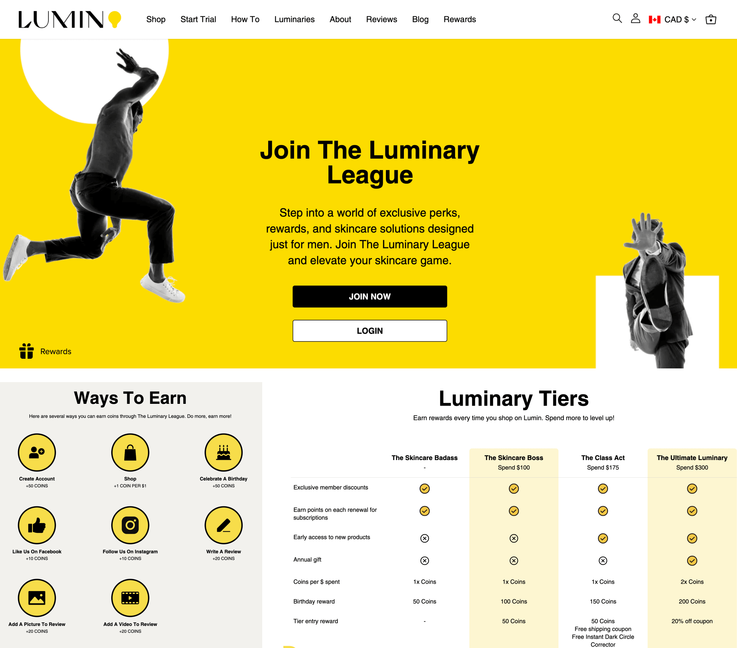 A screenshot from Lumin’s loyalty program explainer page showing the ways to earn points and a chart of the 4 VIP tiers and the benefits for each. 