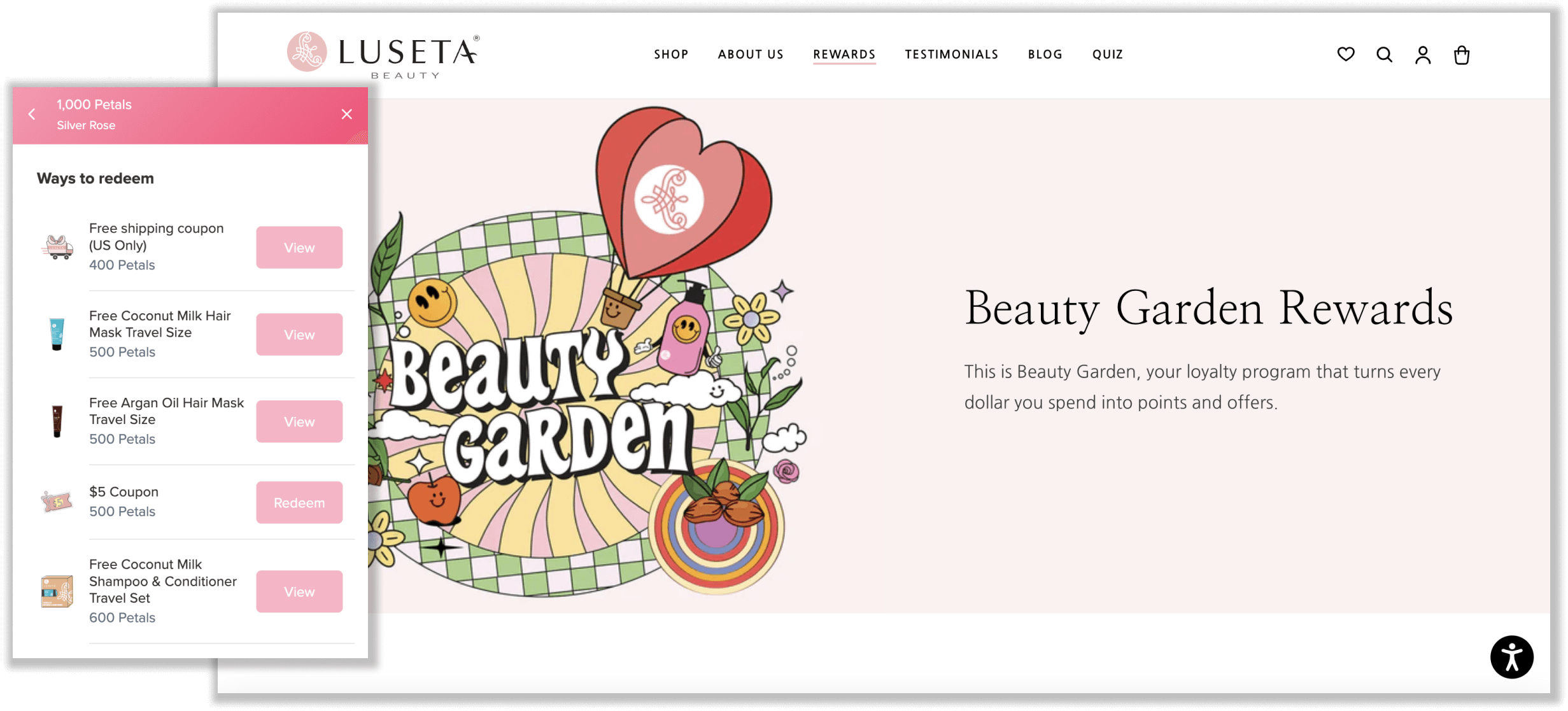 A screenshot from Lustea’s Beauty Garden rewards program explainer page. The rewards program panel is visible showing the different rewards available for redemption including a travel-size Coconut Milk Hair Mask, Argan Oil Hair Mask, Coconut Milk Shampoo and Conditioner set, and more. 