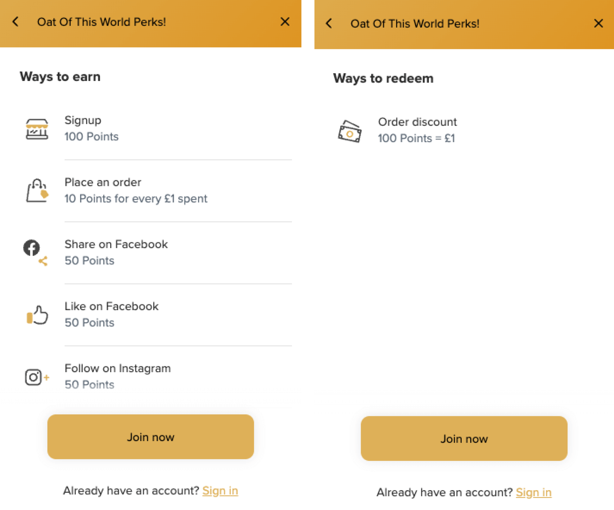 A screenshot of Oatopia’s loyalty program panel showing the ways to earn and redeem points. It highlights that customers earn 10 points per £1 spent when placing an order and they can redeem 100 points for £1 off a future purchase. 