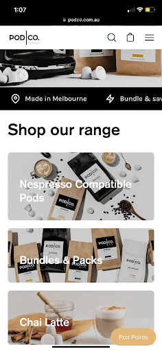 mobile screenshot of ecommerce brand site podco
