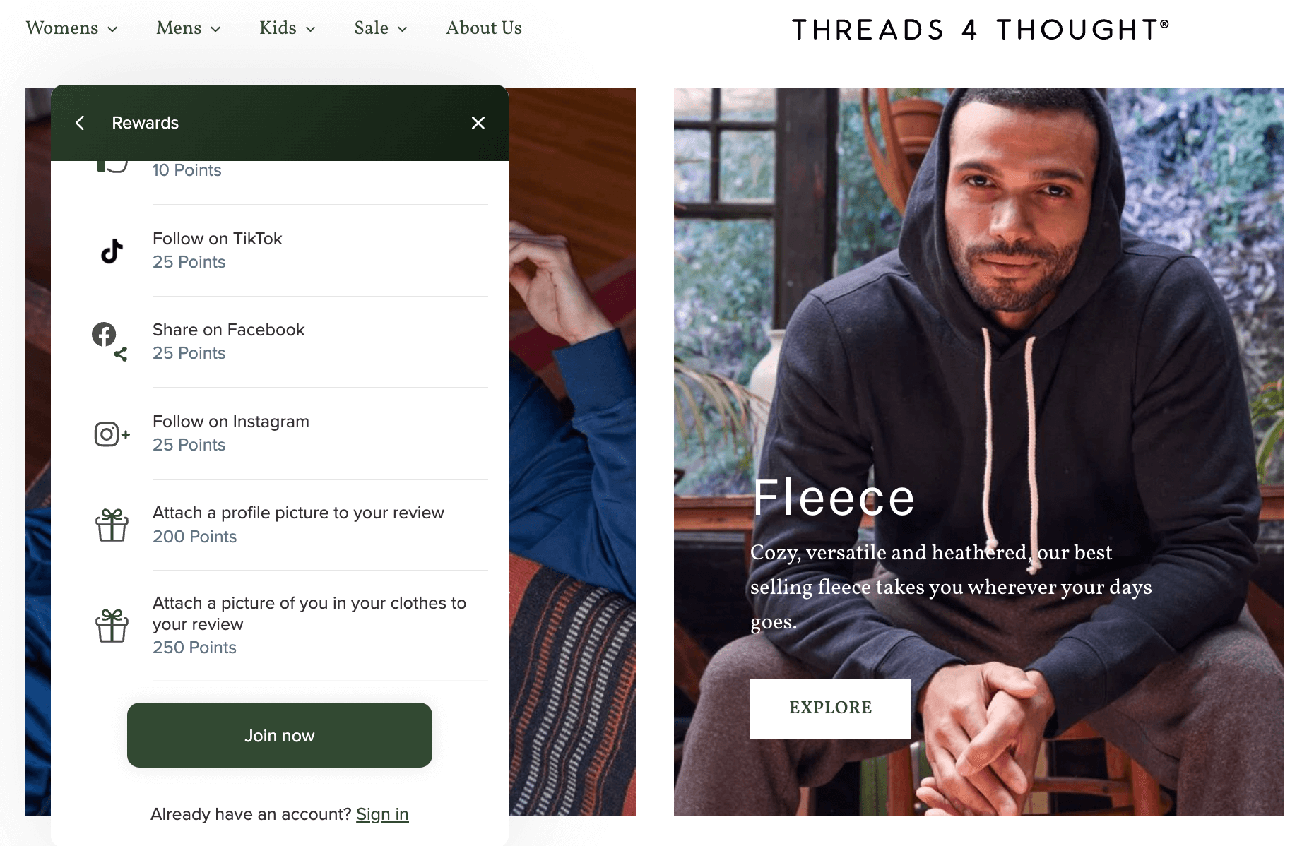 screenshot of threads 4 thought apparel brand and loyalty program