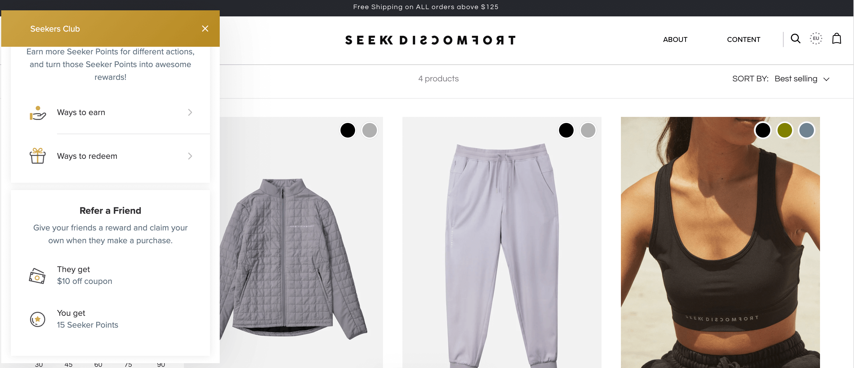 screenshot of seek discomfort apparel brand and its loyalty program seekers club