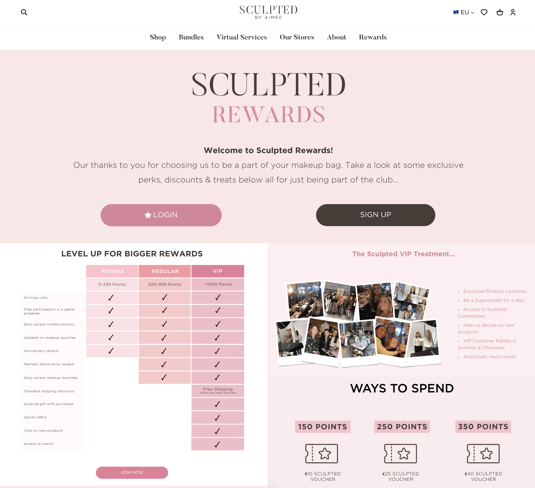 A screenshot of Sculpted by Aimee’s rewards program explainer page, highlighting different features of the program including its tiered-VIP rewards program, experiential rewards, and the ways to spend points. 