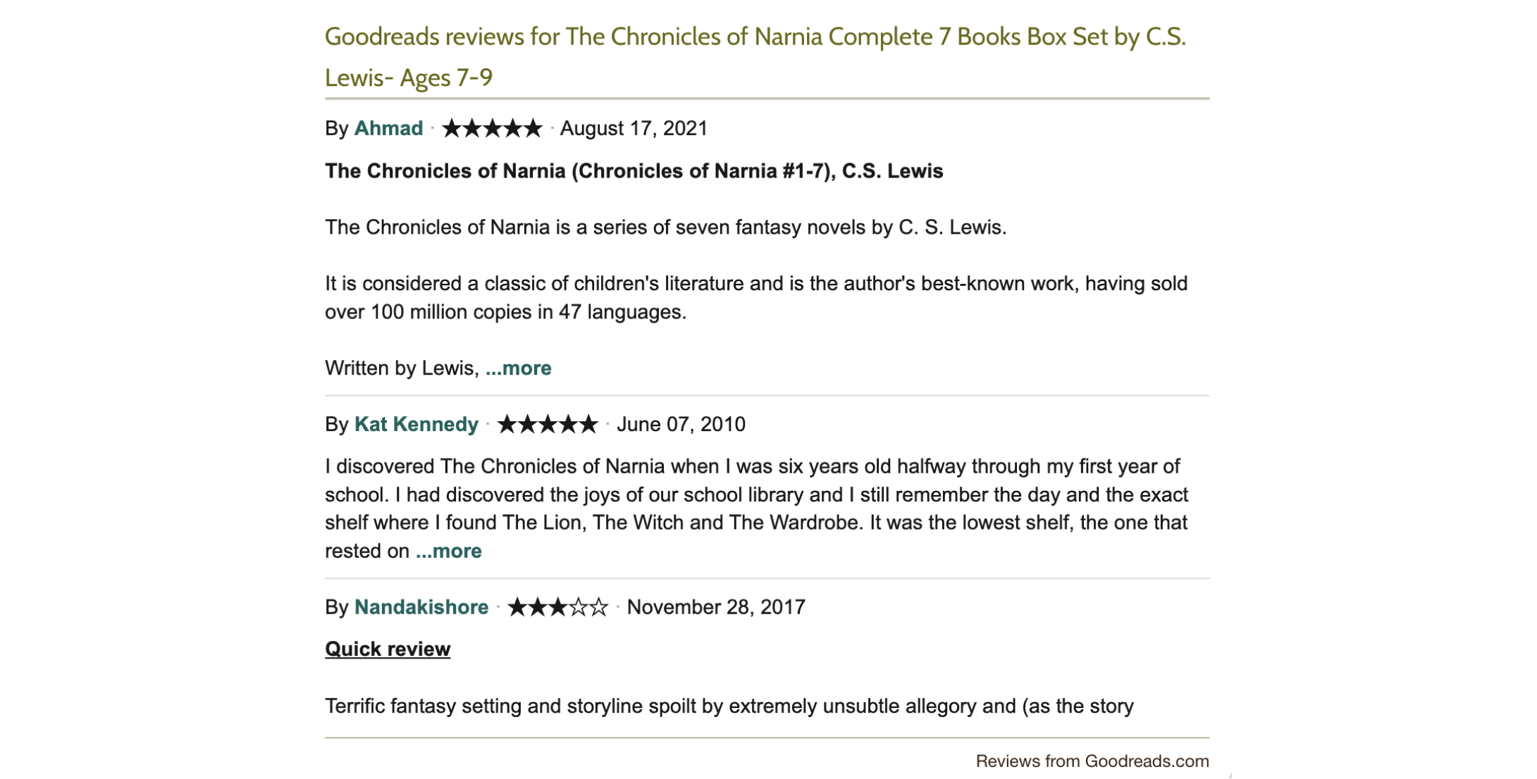 A screenshot of reviews from Goodreads for The Chronicles of Narnia displayed on The Book Bundle’s product pages. 