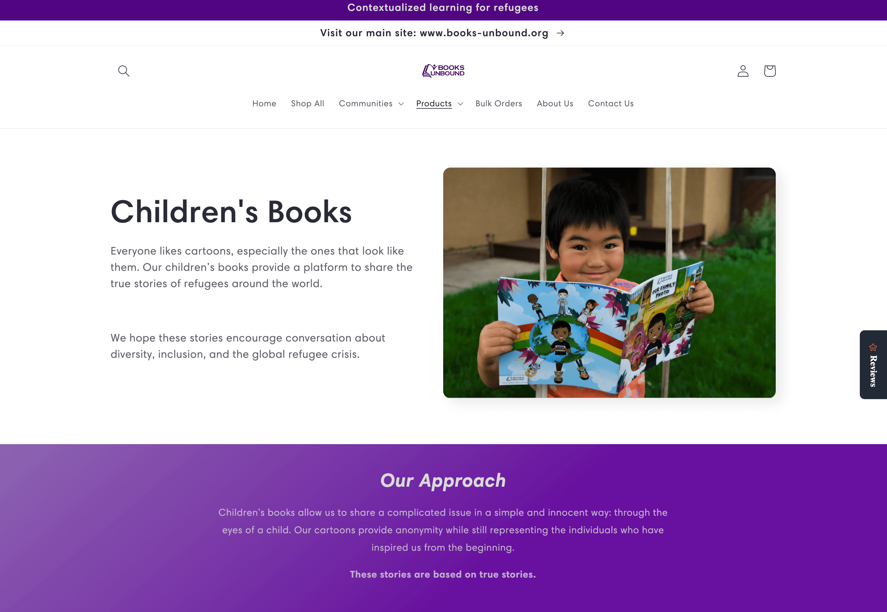 A screenshot from the Books Unbound Children’s Books catalog page, explaining its mission to use culturally representative characters in its books. 