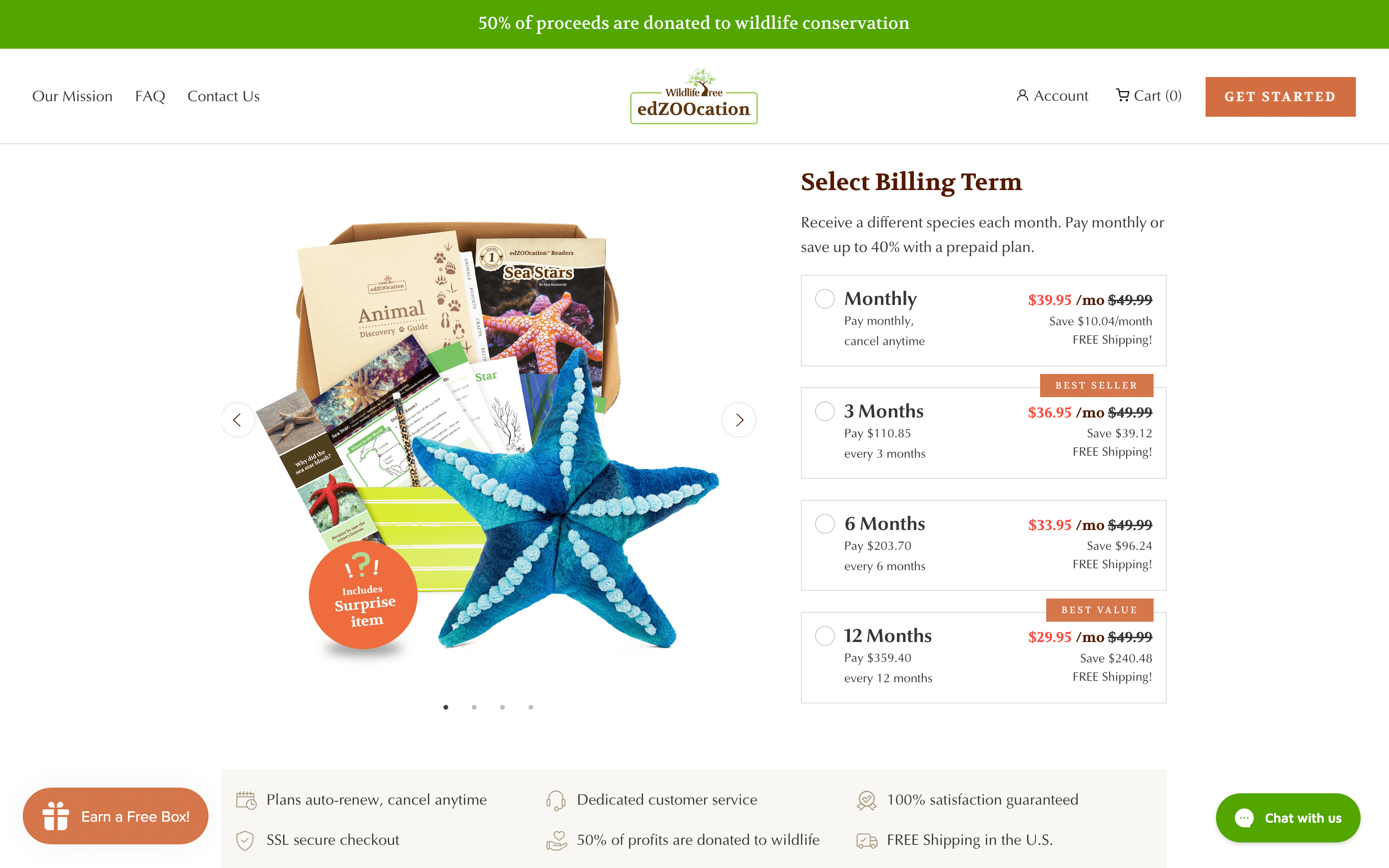 A screenshot of the product page for edZOOcation’s subscription box. There are options to purchase monthly, every 3 months, 6 months, or 12 months. 