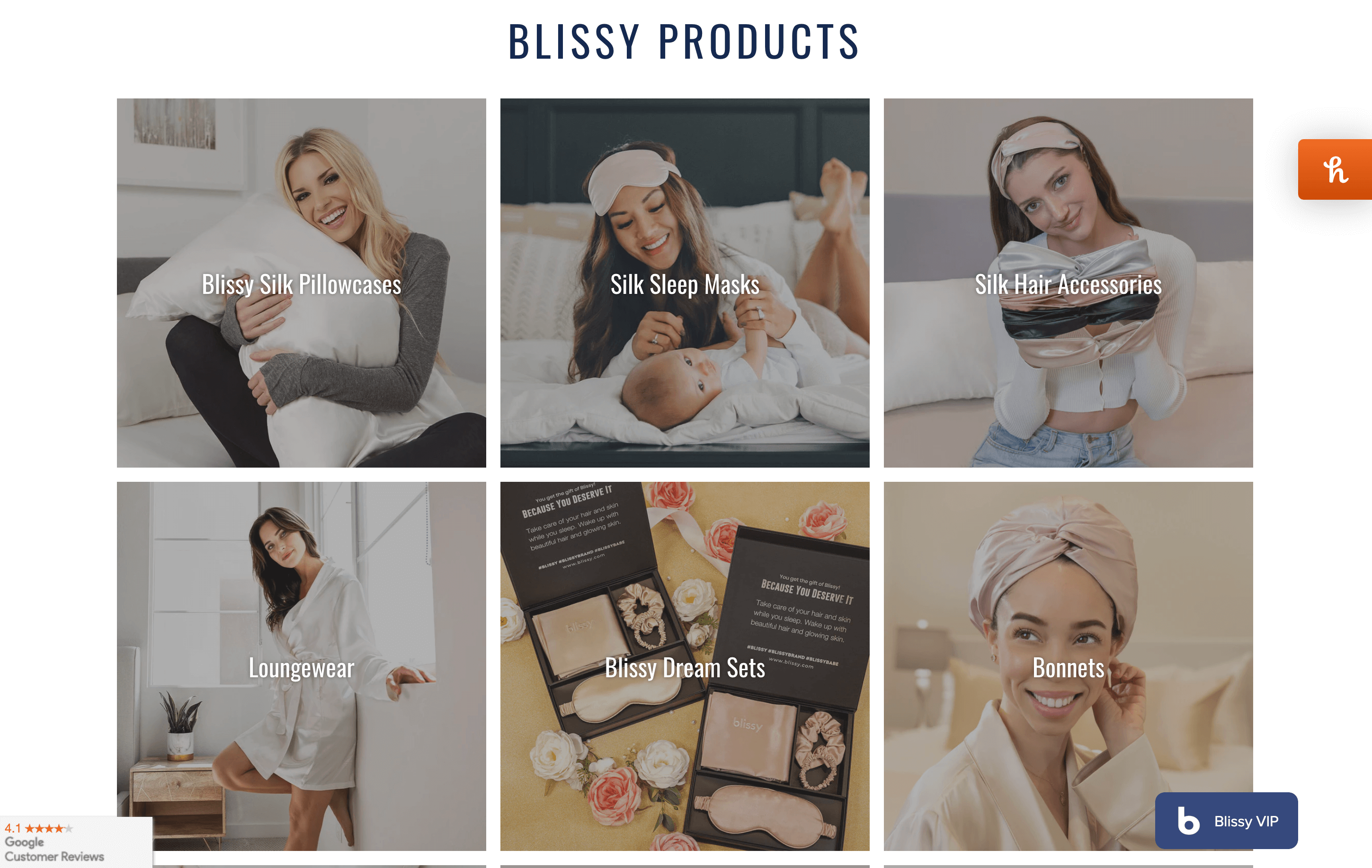 Mental Wellness Brands for World Mental Health Day–A screenshot of Blissy’s homepage. It shows 6 of its product categories with images of each: Blissy silk pillowcases, silk sleep masks, silk hair accessories, loungewear, Blissy dream sets, and bonnets. 