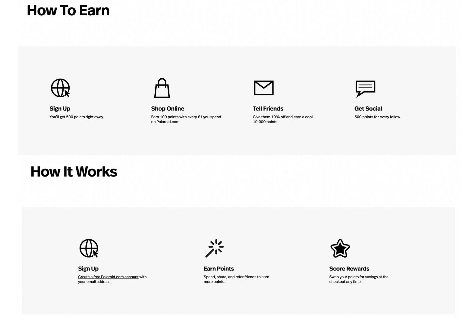 screenshot of polaroid's loyalty program