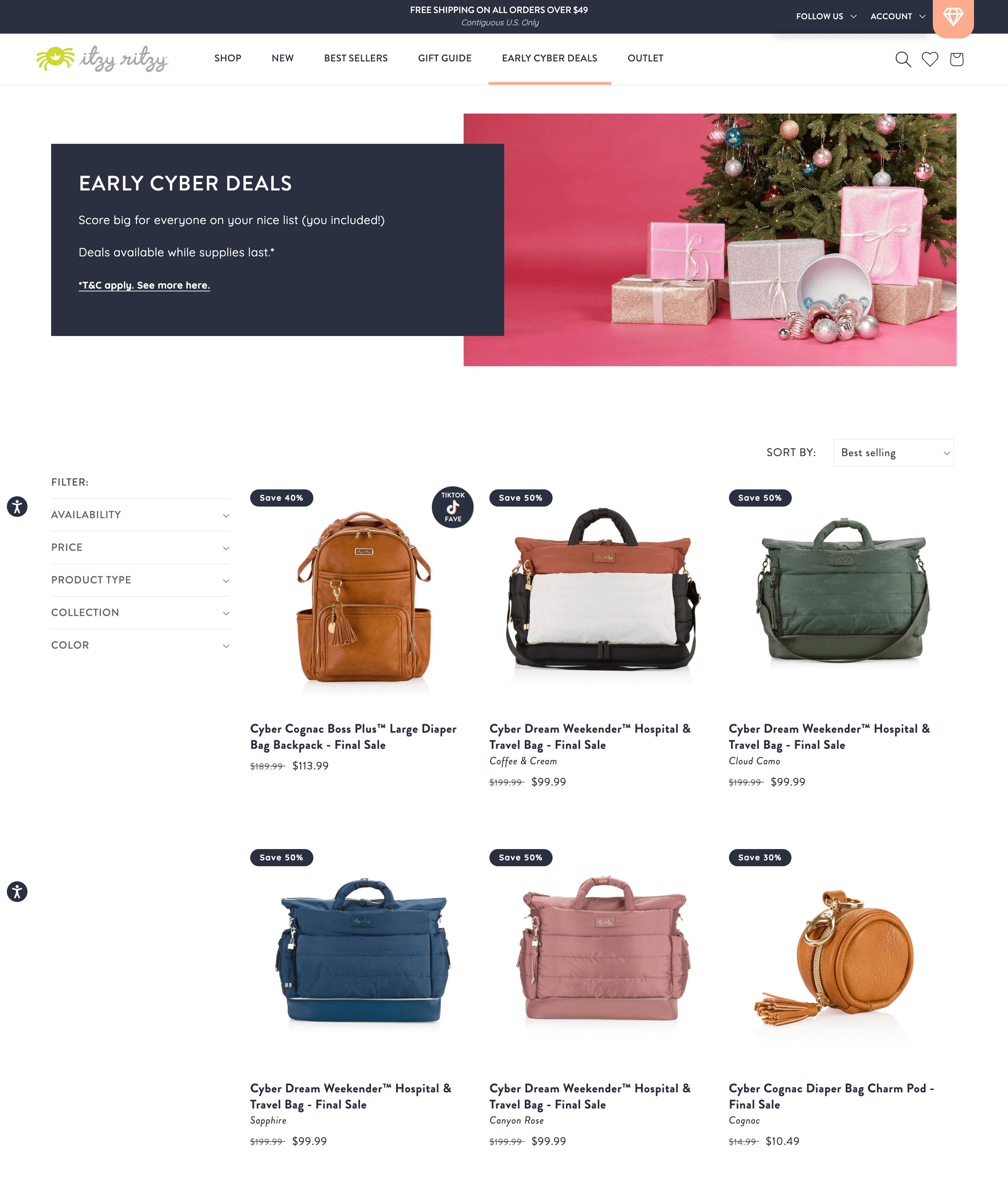 A screenshot from Itzy Ritzy’s Early Cyber Deals page on its website. It shows a product catalog page of some of its best sellers that are discounted for Black Friday Cyber Monday. 