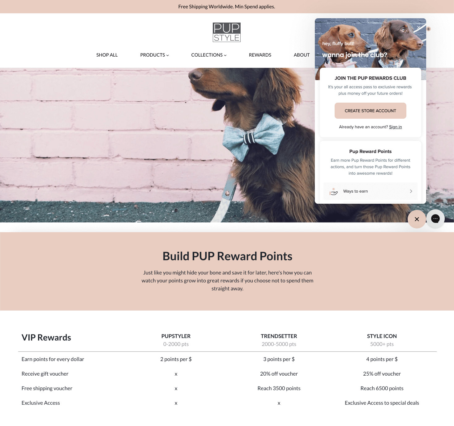 A screenshot of PUP Style’s rewards program explainer page showing its VIP tiers. There are three tiers: Pupstyler, Trendsetter, and Style Icon, and a chart showing the different benefits of each tier. 