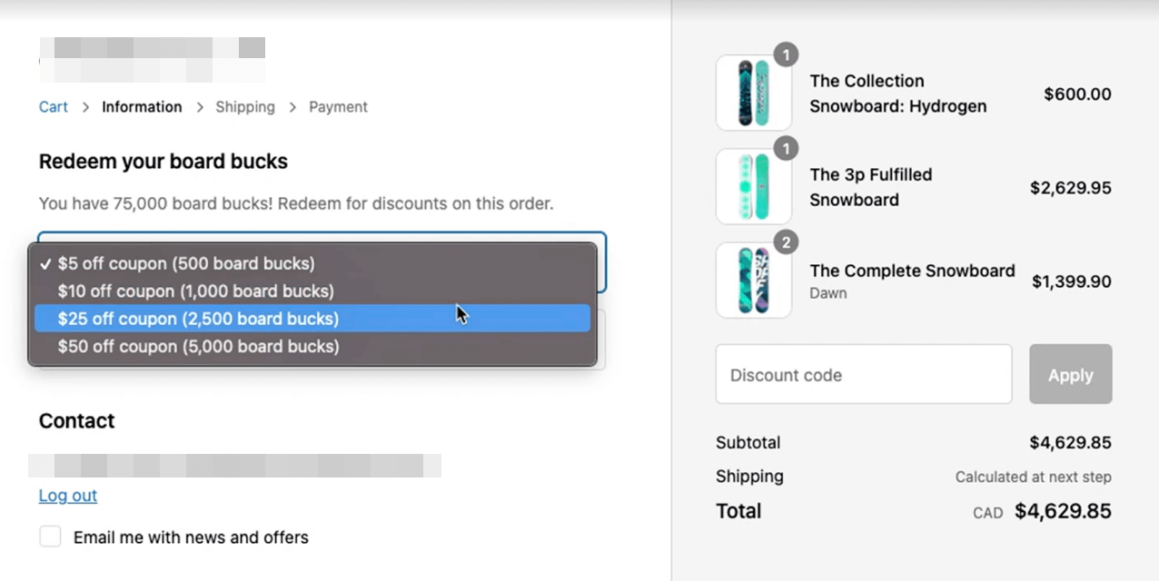 A screenshot of the points redemption checkout extension on a sample Shopify Plus checkout page. It shows a dropdown of the eligible rewards and how many points are needed for each. 