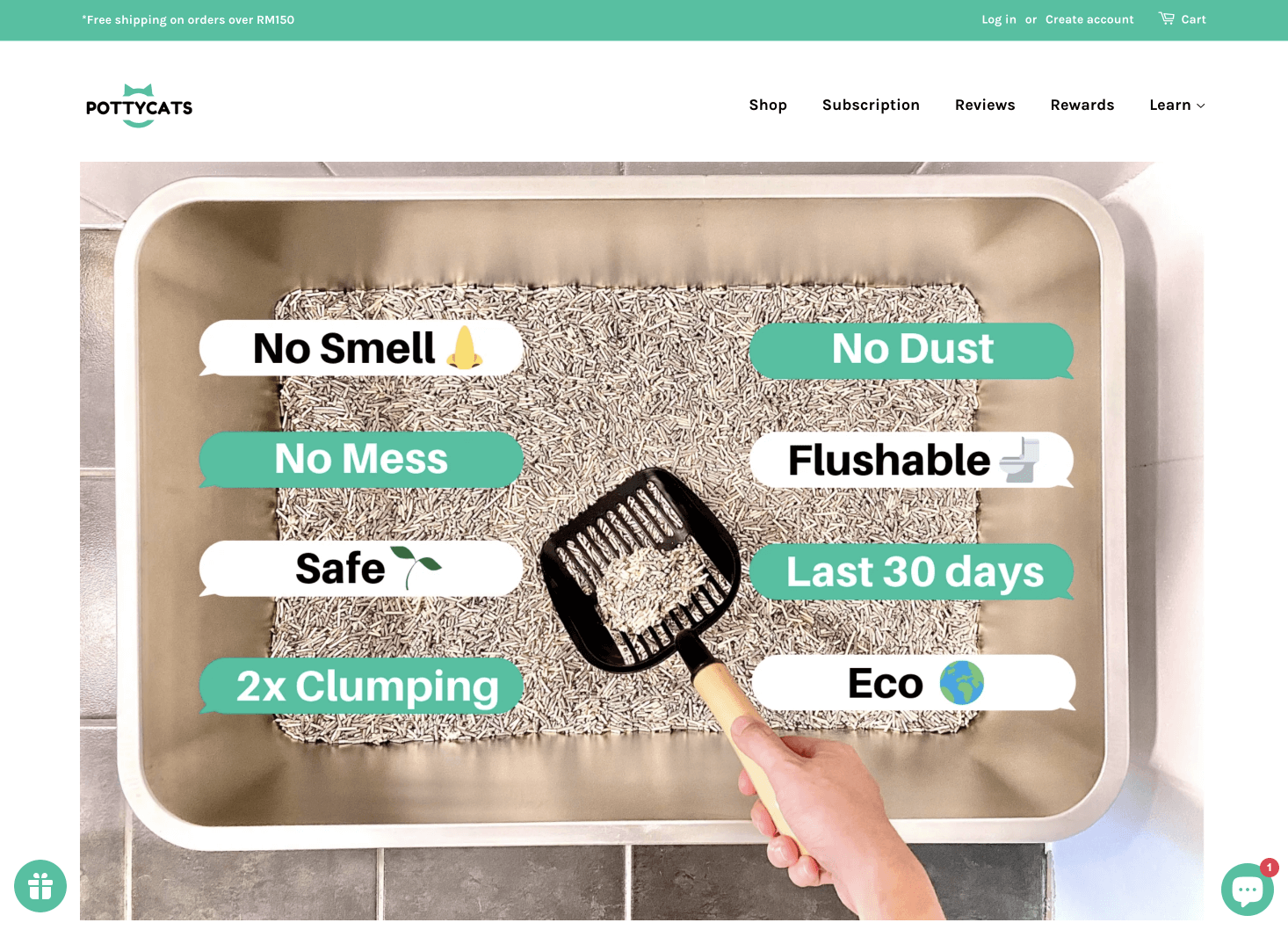 A screenshot from Pottycat’s homepage showing its cat litter with the following benefits highlighted: no smell, no mess, safe, 2x clumping, no dust, flushable, last 30 days, and eco-friendly. 