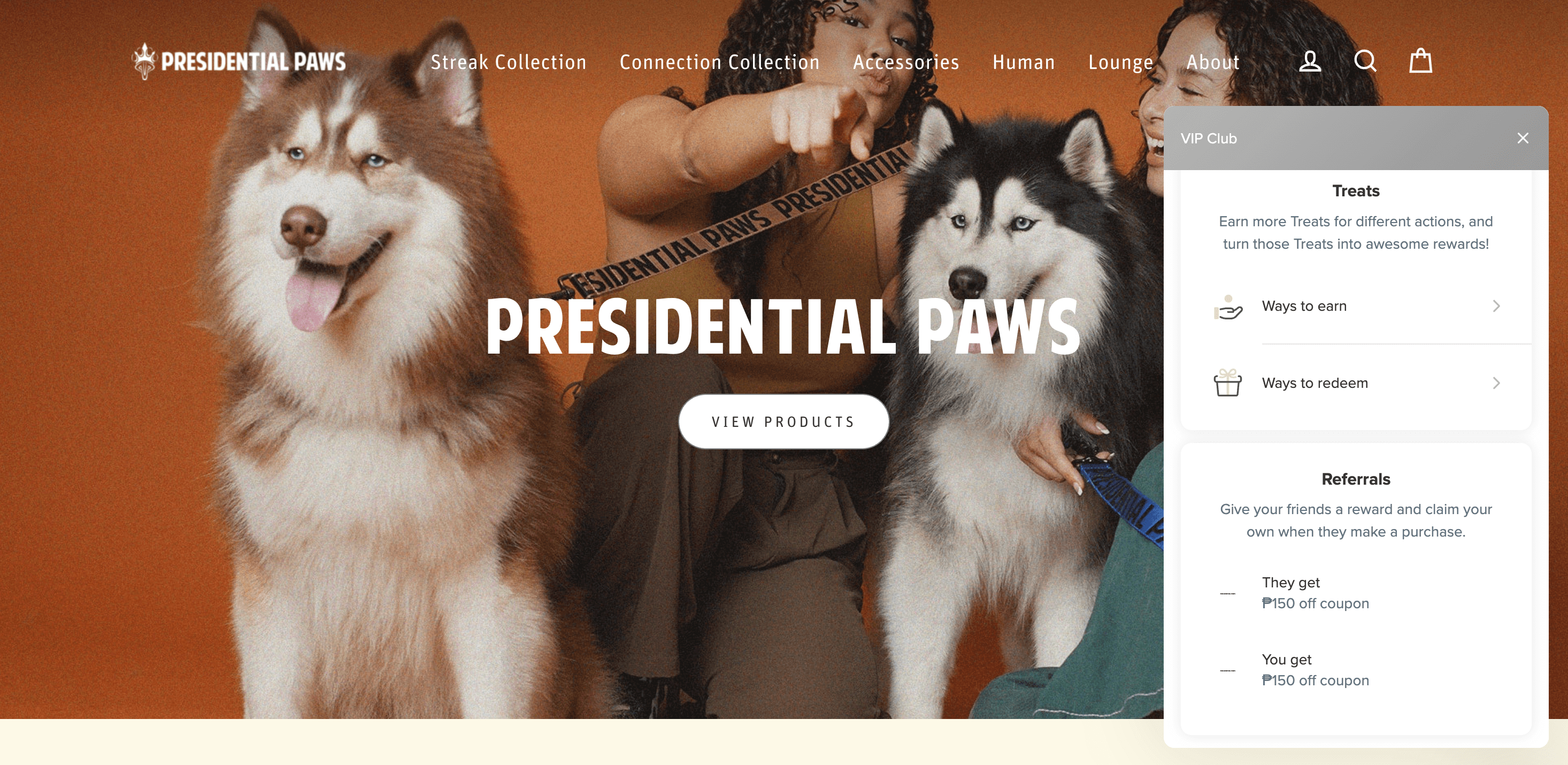 A screenshot from Presidential Paws’ homepage showing the co-founders posing with their two fluffy husky dogs. On the side of the page is its Presidential Paws VIP Club rewards program panel.