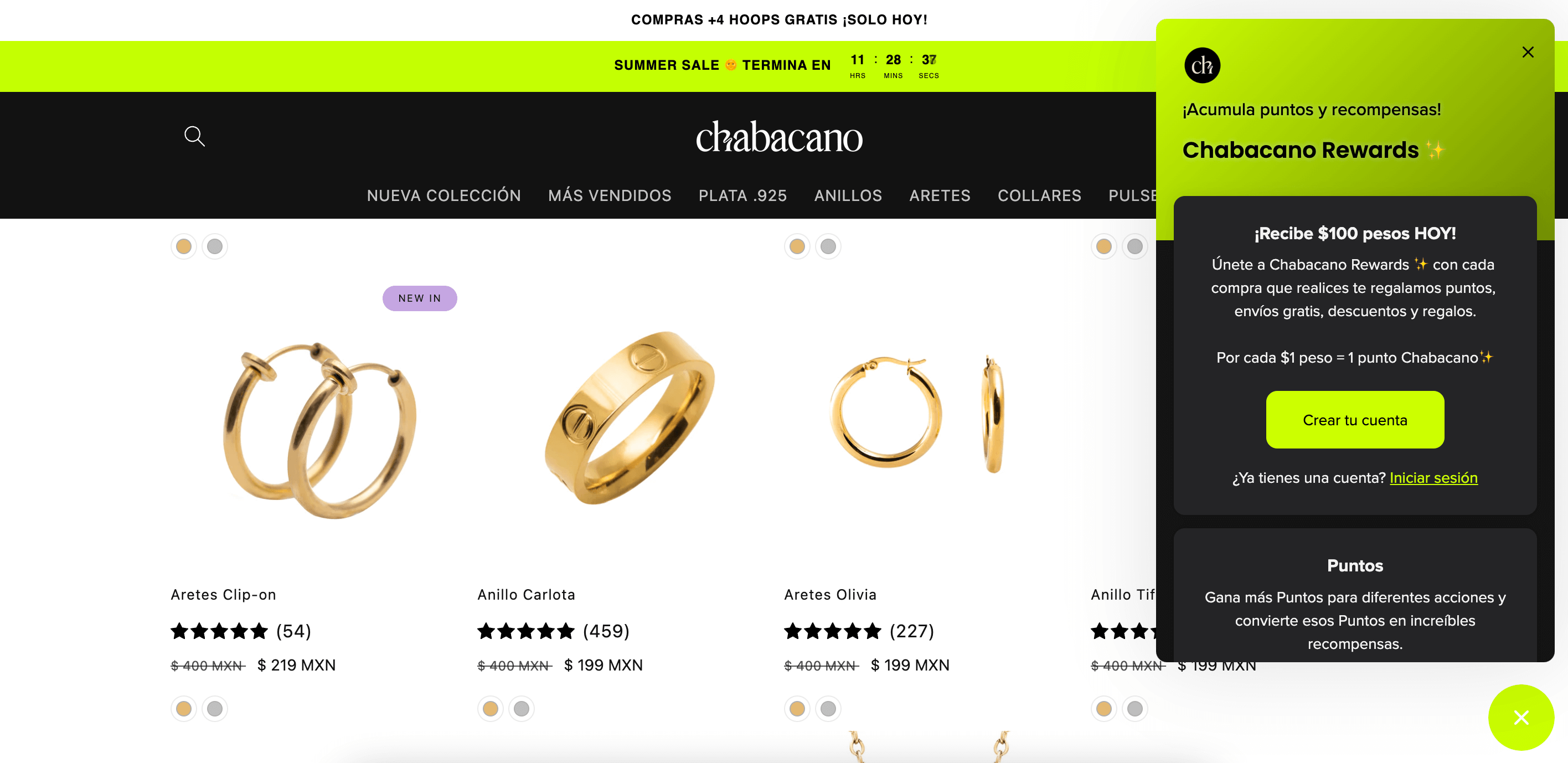 screenshot of ecommerce jewelry brand Chabacano and its loyalty program launcher