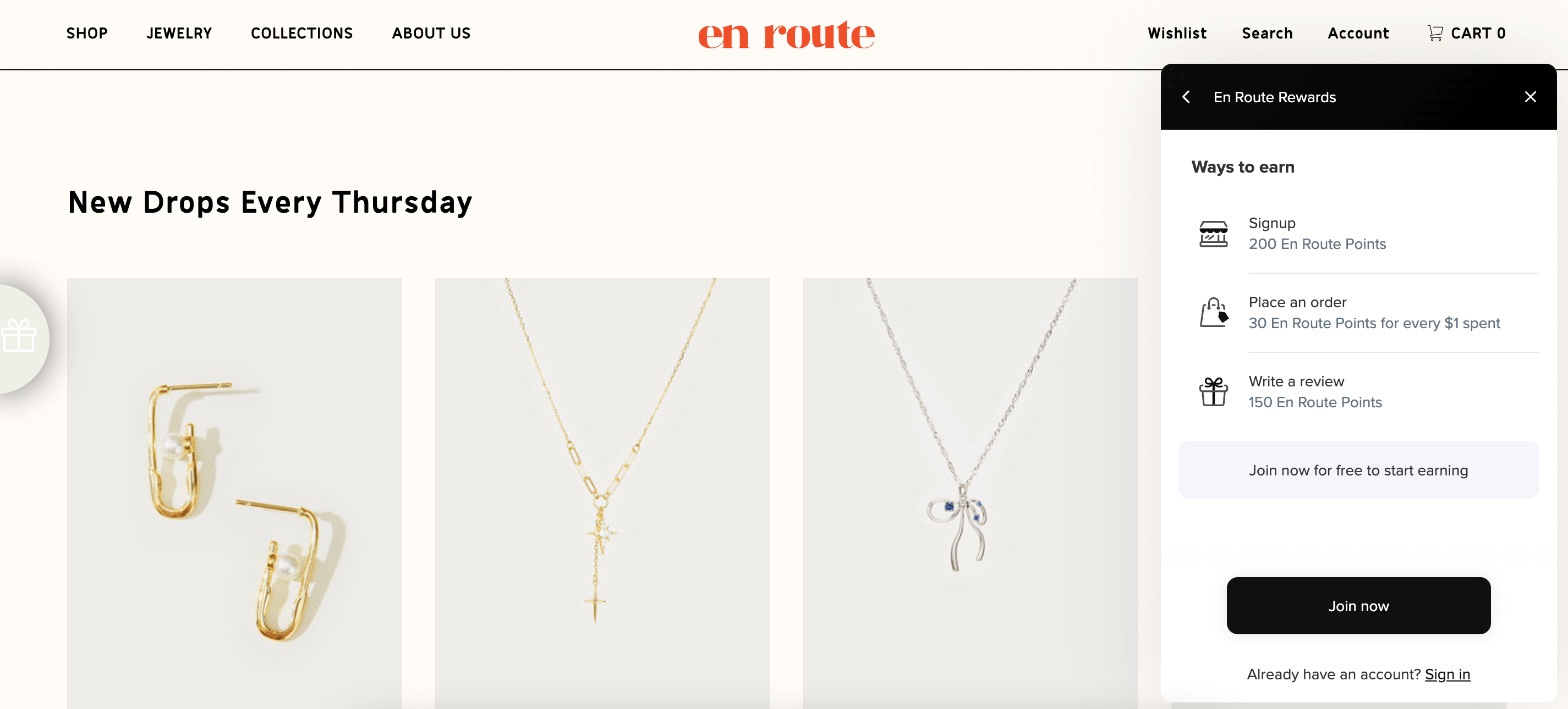 screenshot of ecommerce jewelry brand en route and its loyalty program 