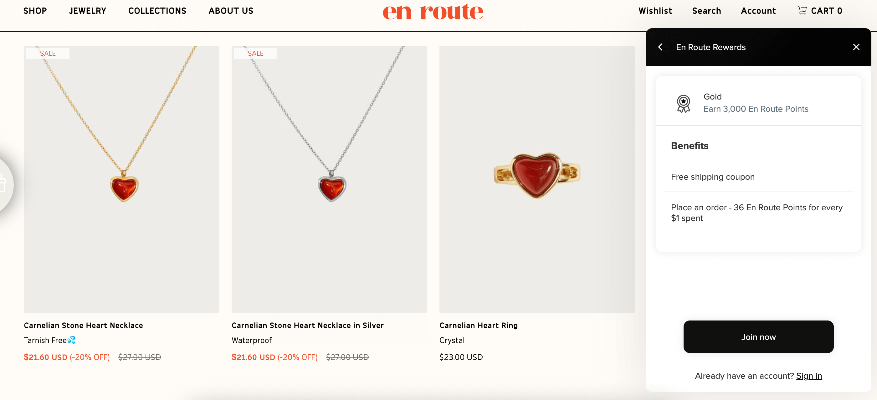 screenshot of ecommerce jewelry brand en route