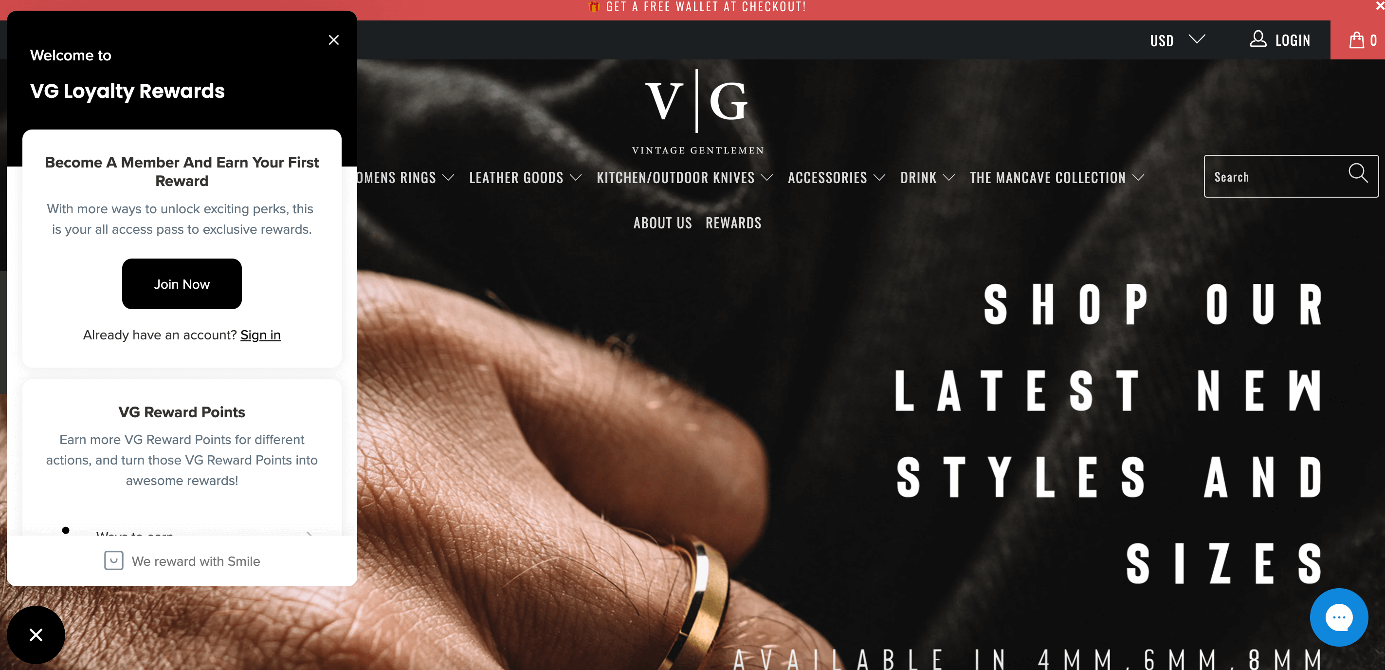 screenshot of ecommerce jewelry brand vintage gentlemen and its loyalty program VG loyalty rewards