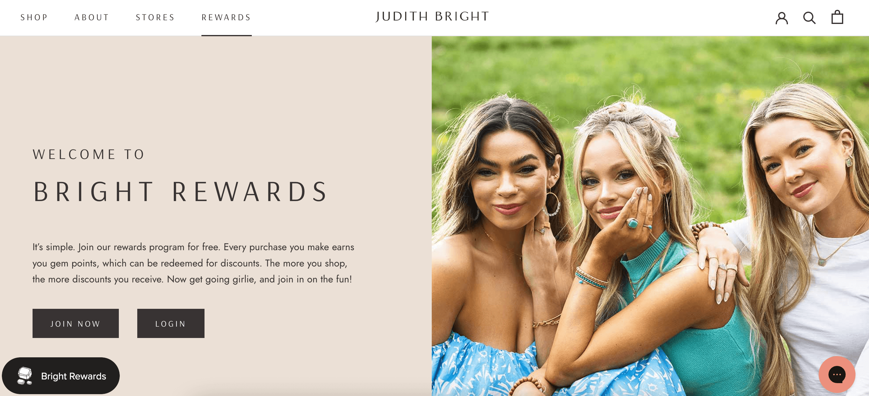 screenshot of ecommerce jewelry brand judith bright rewards explainer page