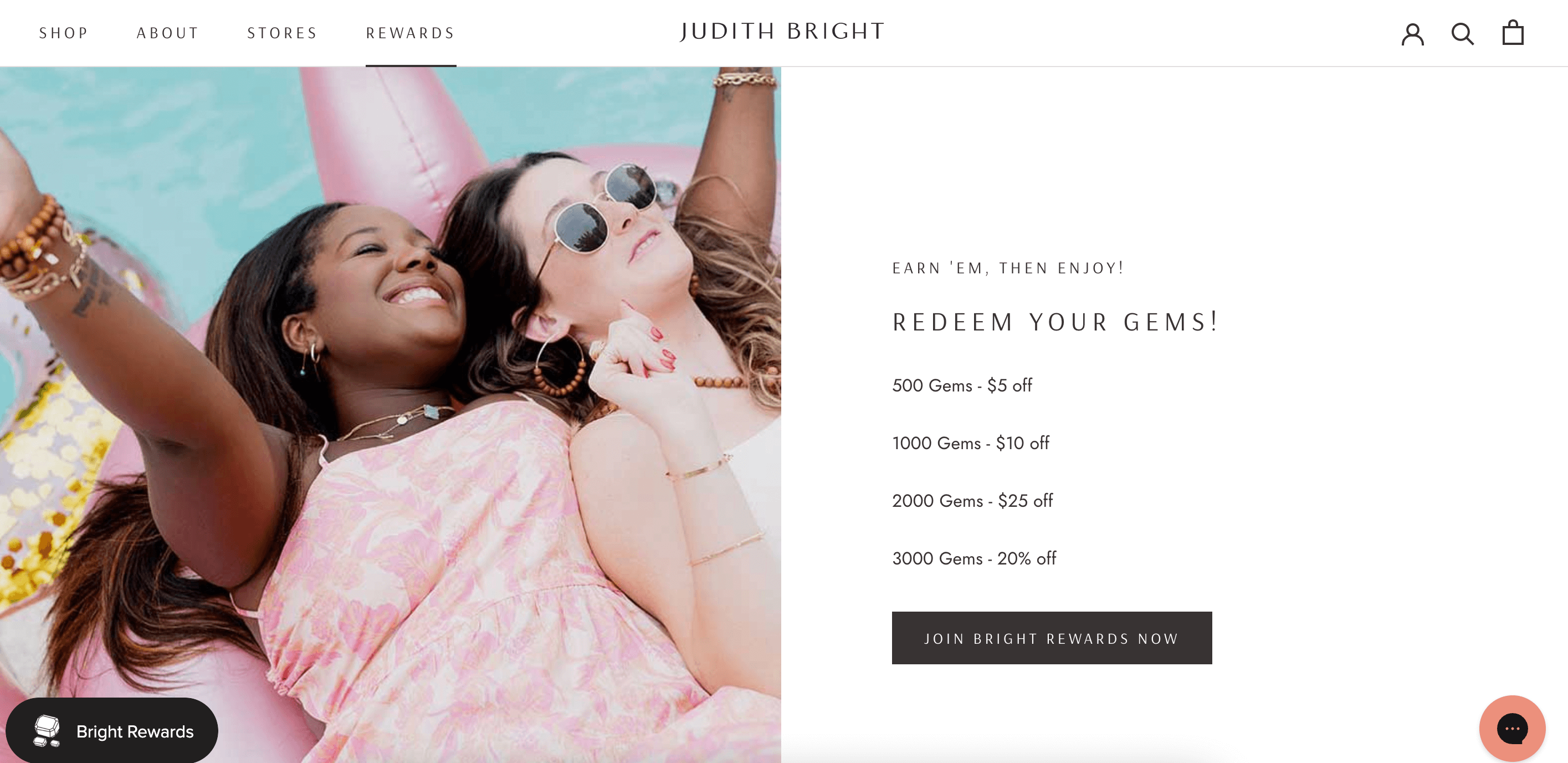 screenshot of ecommerce jewelry brand judith bright rewards homepage
