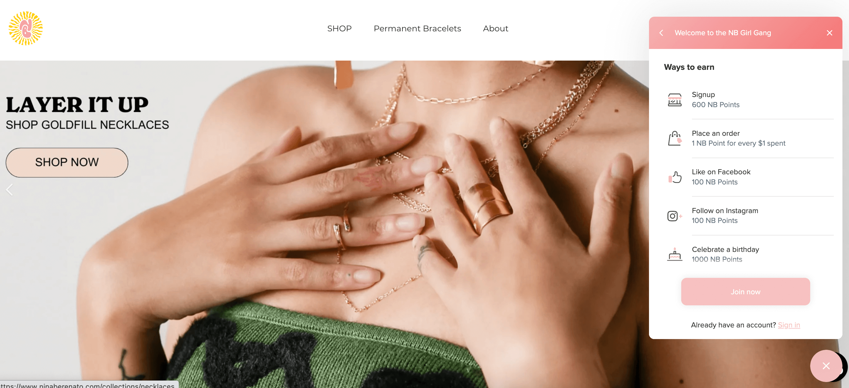 screenshot of ecommerce jewelry brand Nina Berenato and its loyalty program