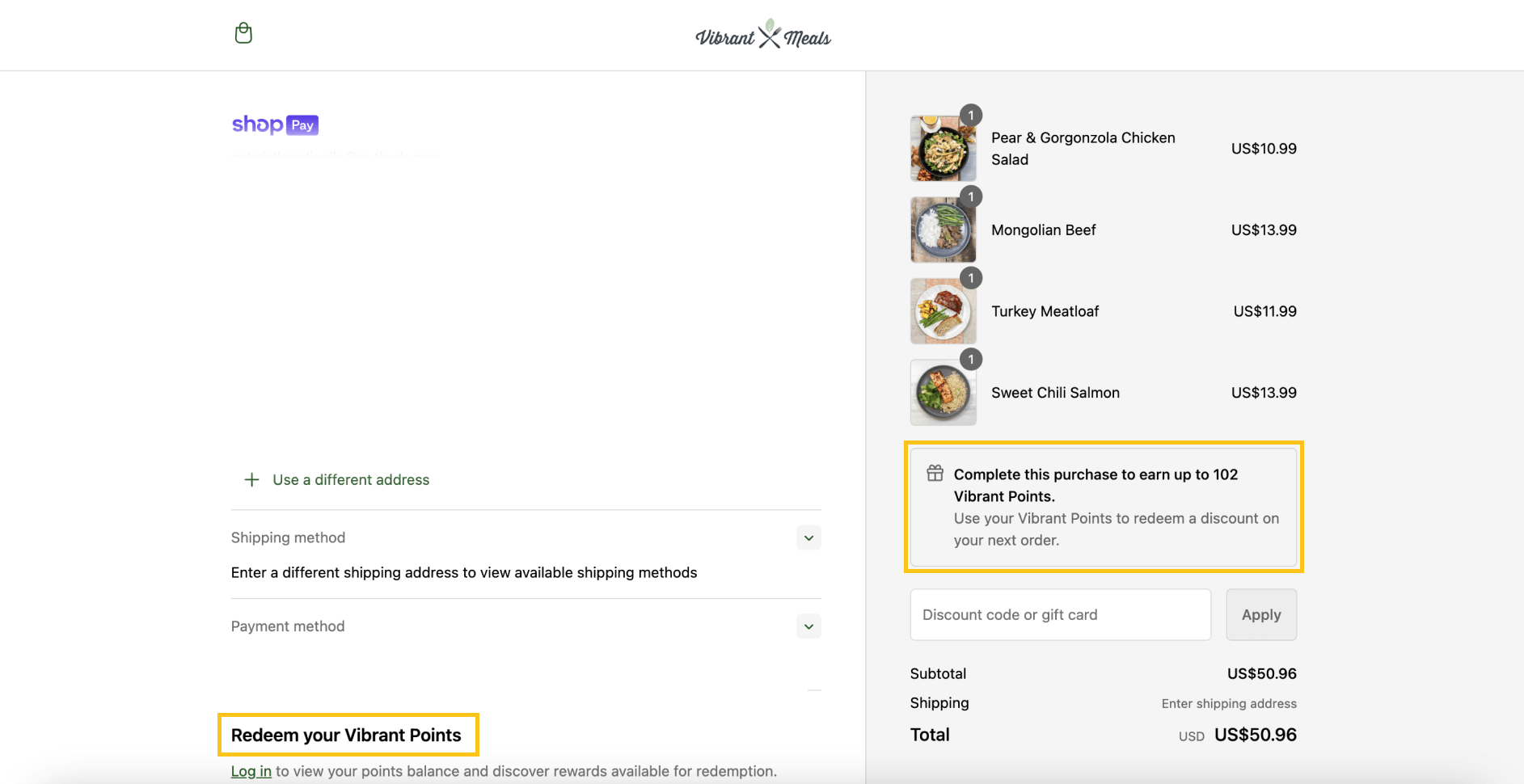 A screenshot of Vibrant Meals’ checkout page showing a message indicating that the customer would earn 102 points if they completed the purchase. 