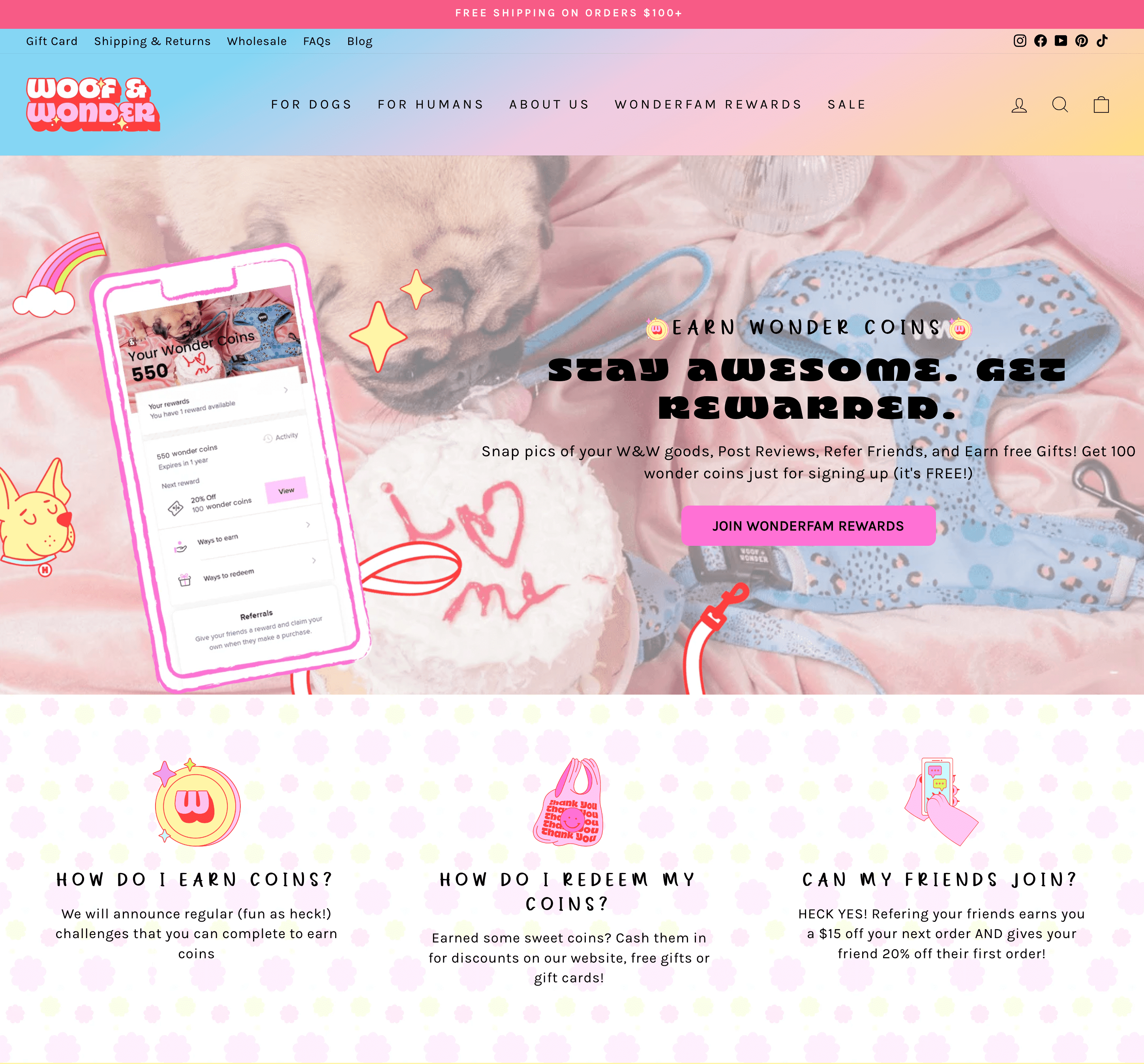 A screenshot of Woof and Wonder’s Wonderfam Rewards program explainer page. It shows a screenshot of the rewards program panel and explains how to earn coins, redeem them, and invite friends to join the program through referrals with branded icons and colors. 