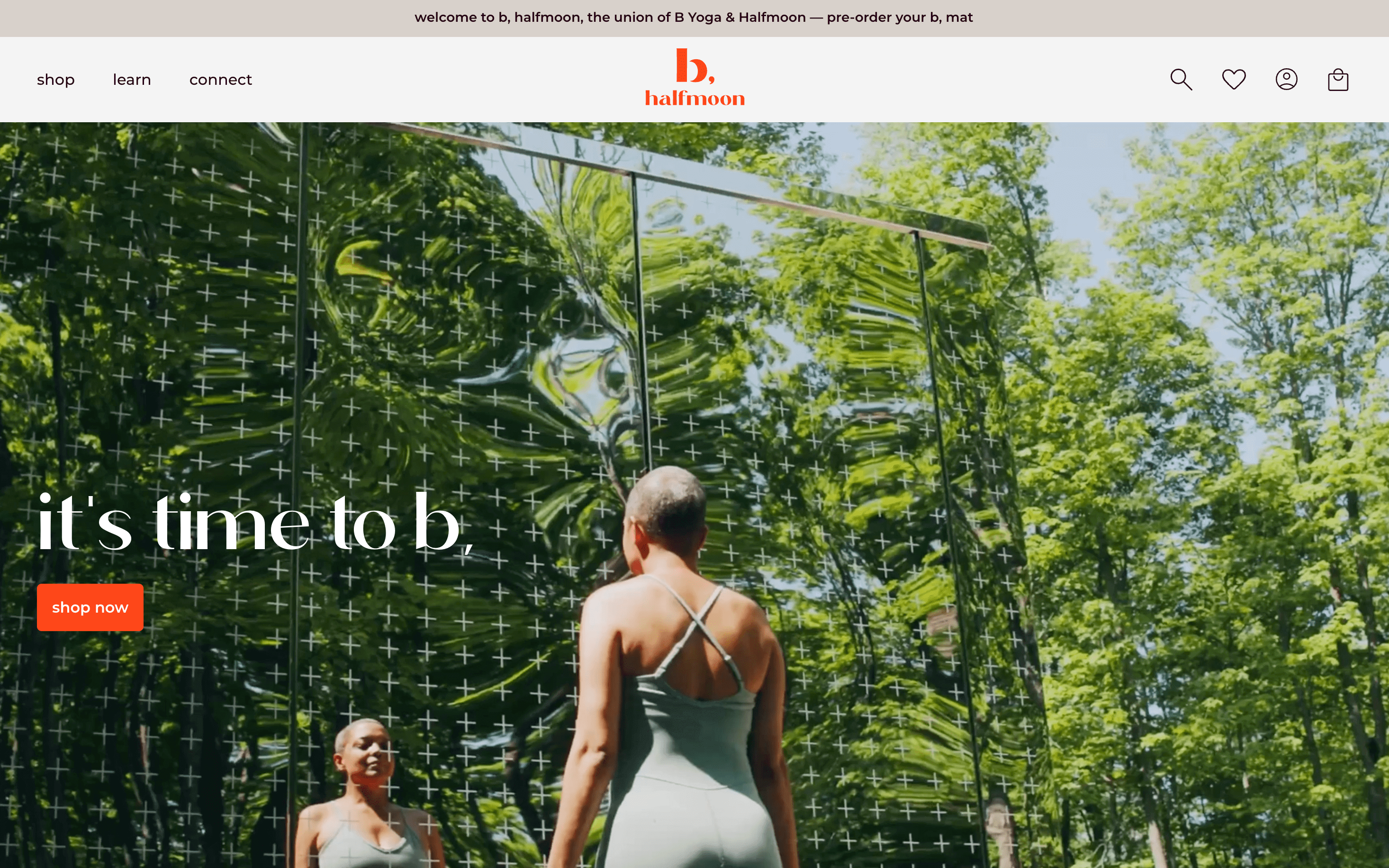 Mental Wellness Brands for World Mental Health Day–A screenshot of b, halfmoon’s home page. There is an image of a person standing in front of a reflective surface in a forest with their eyes closed, meditating. The title says: it’s time to b.       