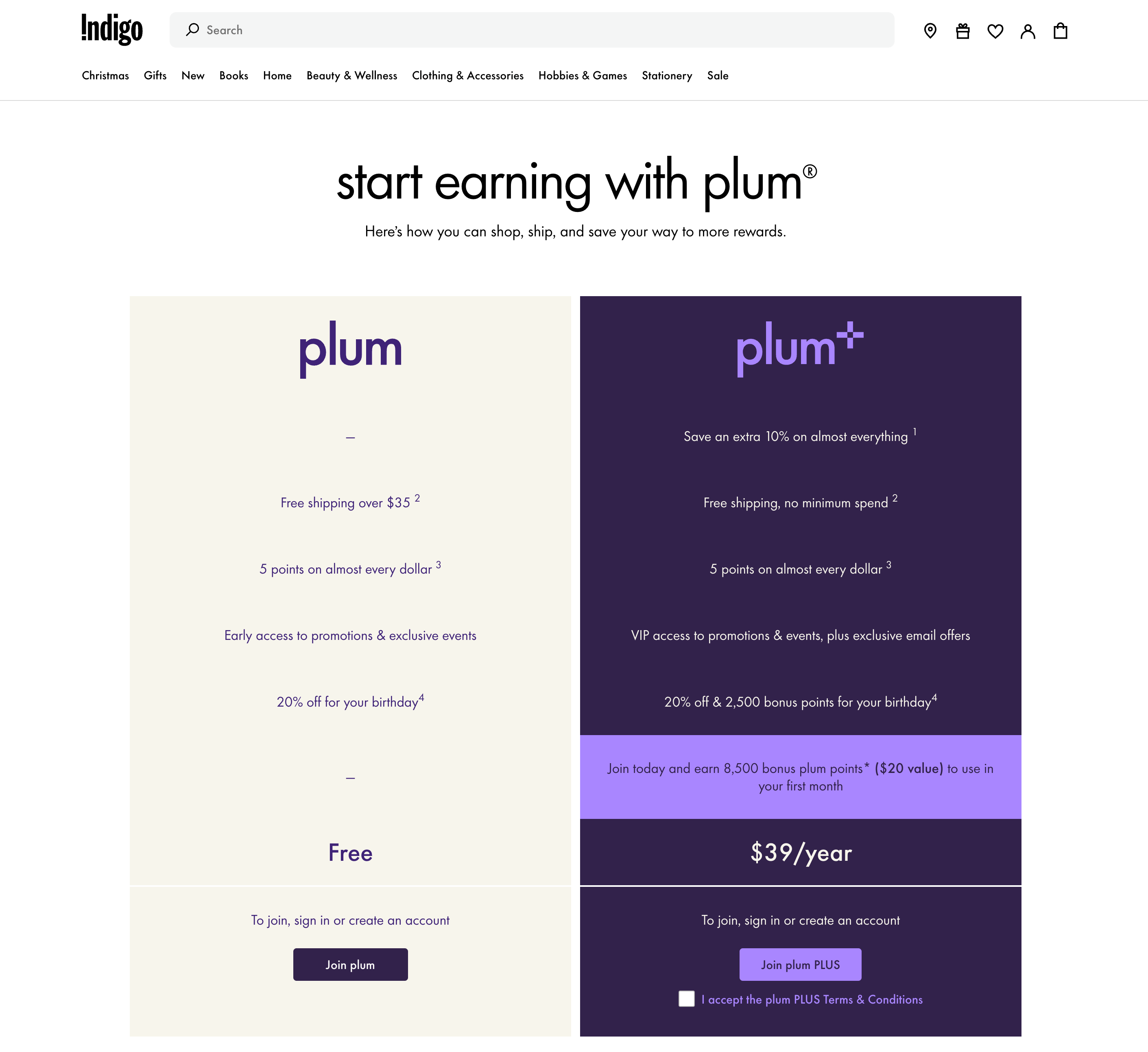 A screenshot from Indigo's rewards program explainer page showing the free plum membership and the $39 plum plus membership and the benefits of each. 