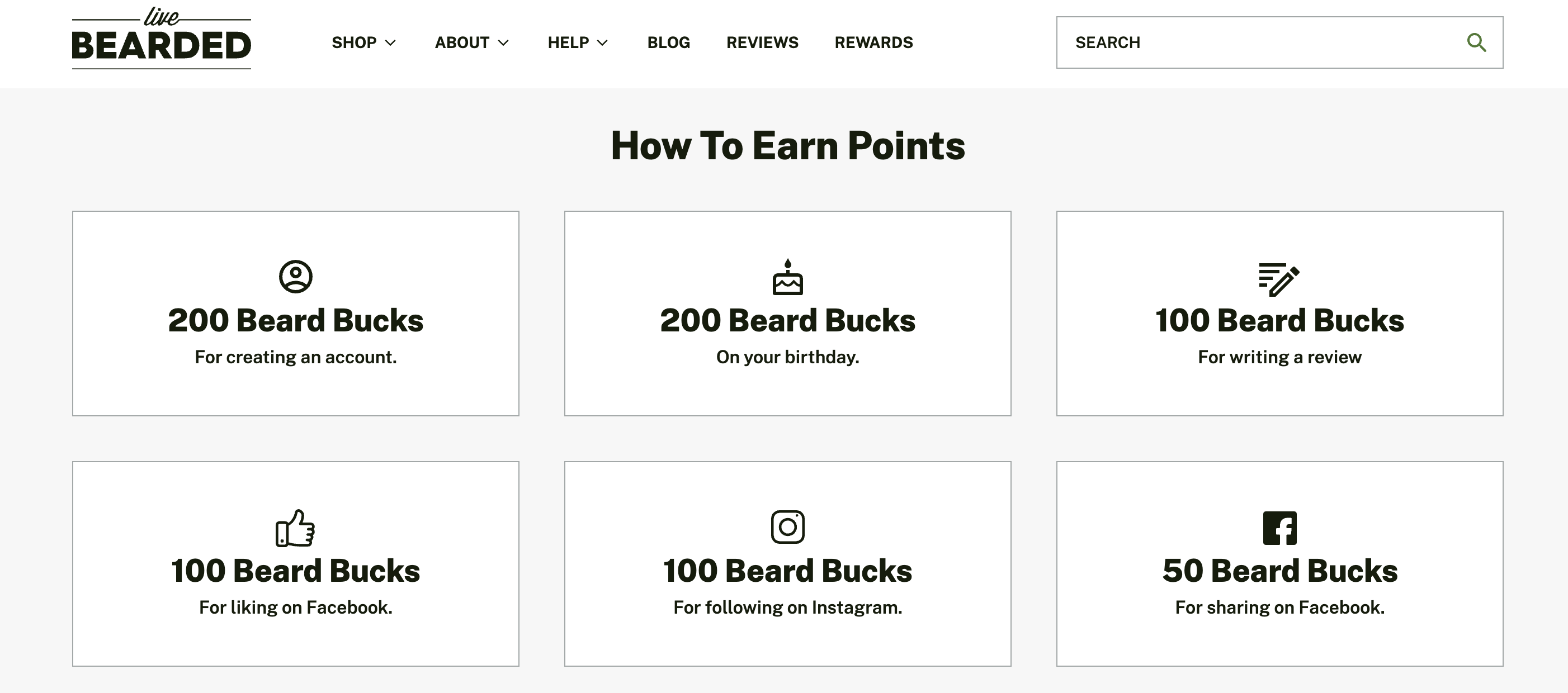  A screenshot of Live Bearded’s rewards program explainer pages showing 6 ways members can earn points. 