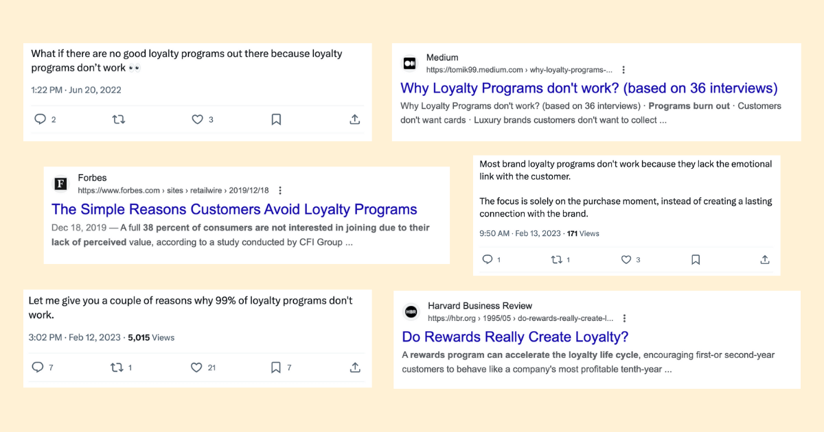 A graphic showing tweets and online articles from Harvard Business Review, Medium, and Forbes showing negative sentiment about loyalty programs. 