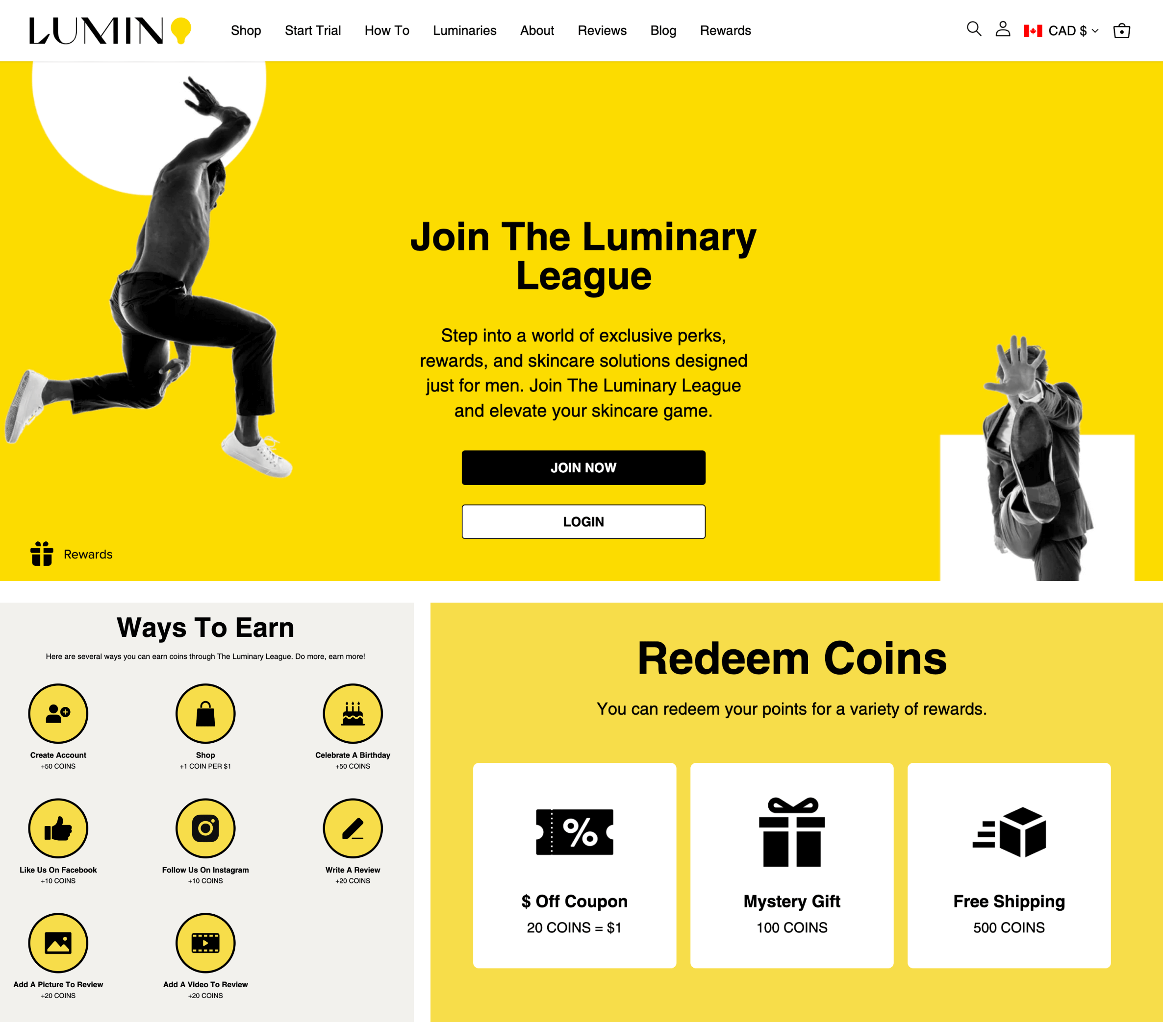 A screenshot of Lumin's rewards program explainer page showing how to earn and redeem points. 