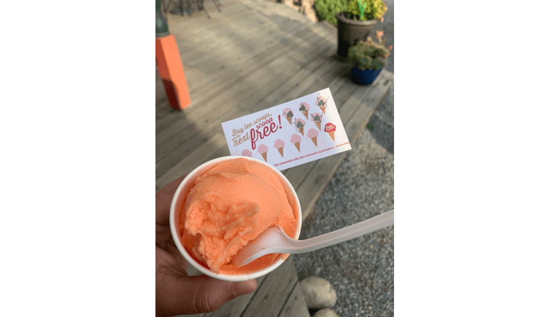 A photo of someone holding a cup of ice cream with a stamp card saying: Buy ten scoops, get the next one free. 