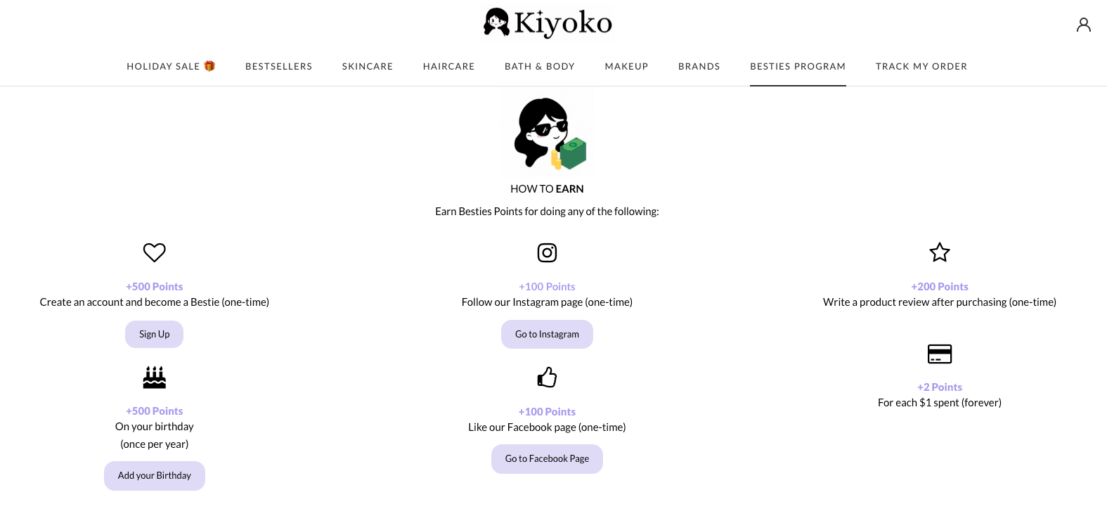 A screenshot from Kiyoko Beauty’s Besties loyalty program explainer page showing 5 ways to earn points. 