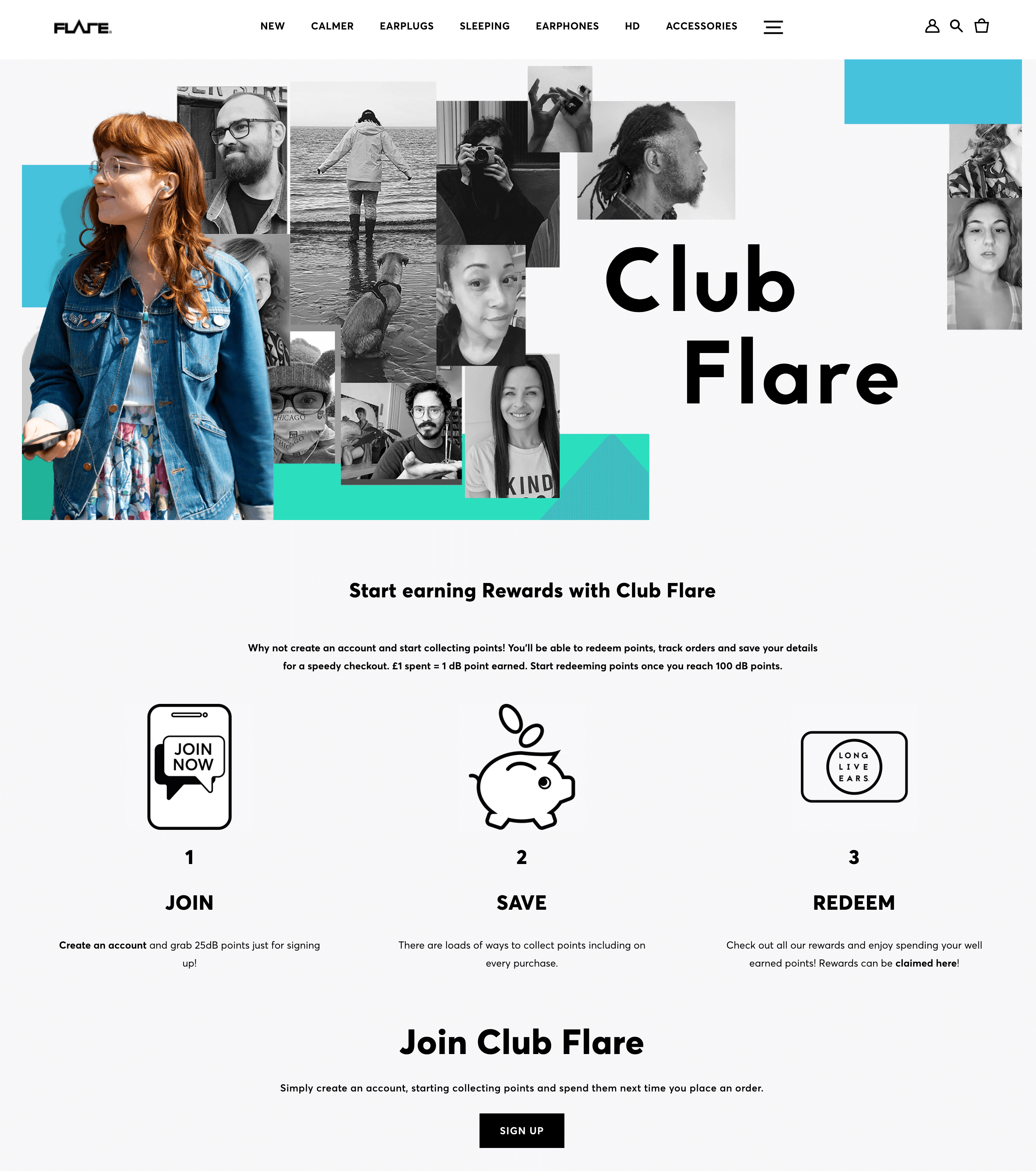 A screenshot from Flare Audio’s rewards program explainer page showing how to start earning rewards with Club Flare.