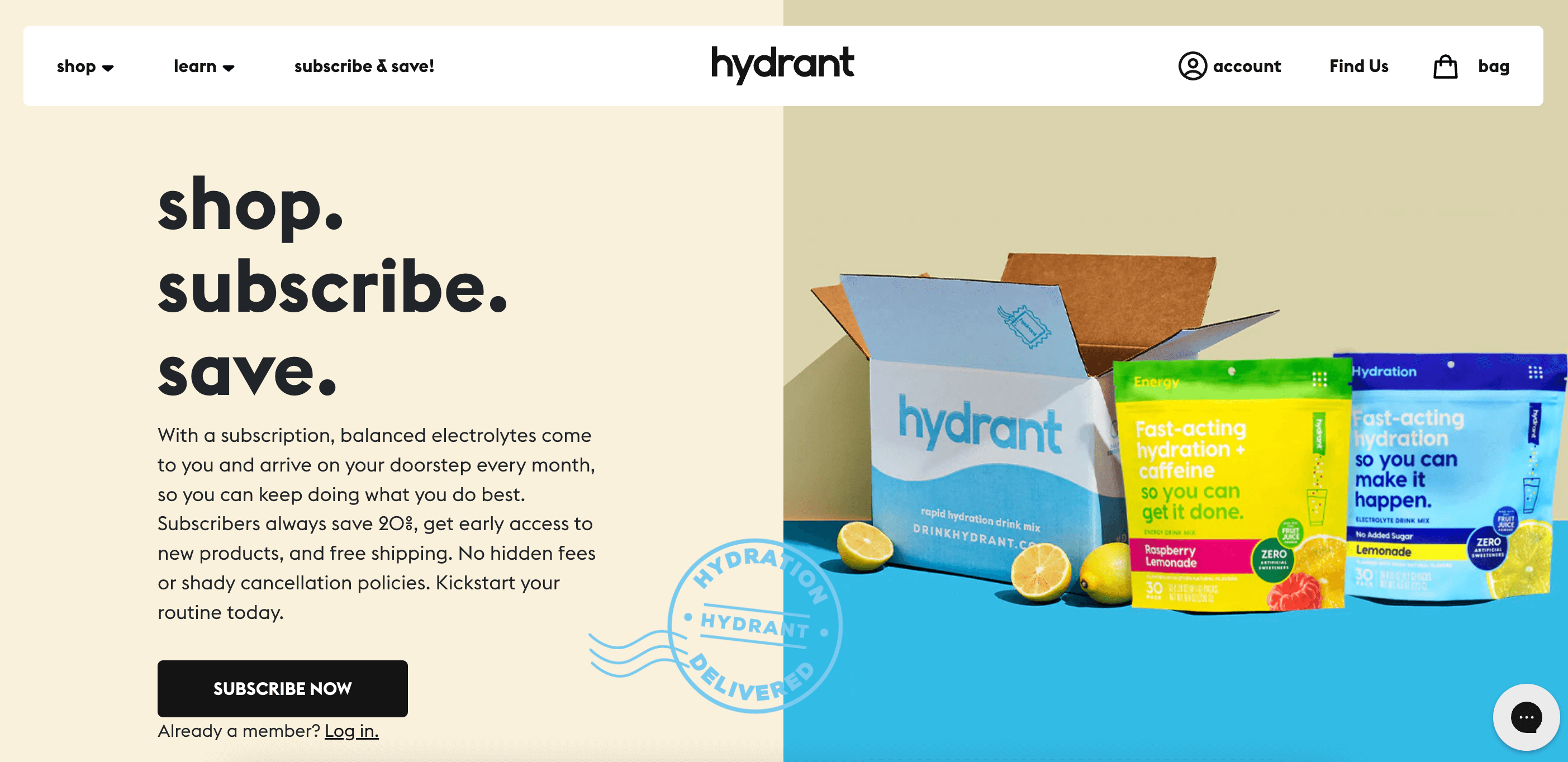 screenshot of hydrant's loyalty and subscription page