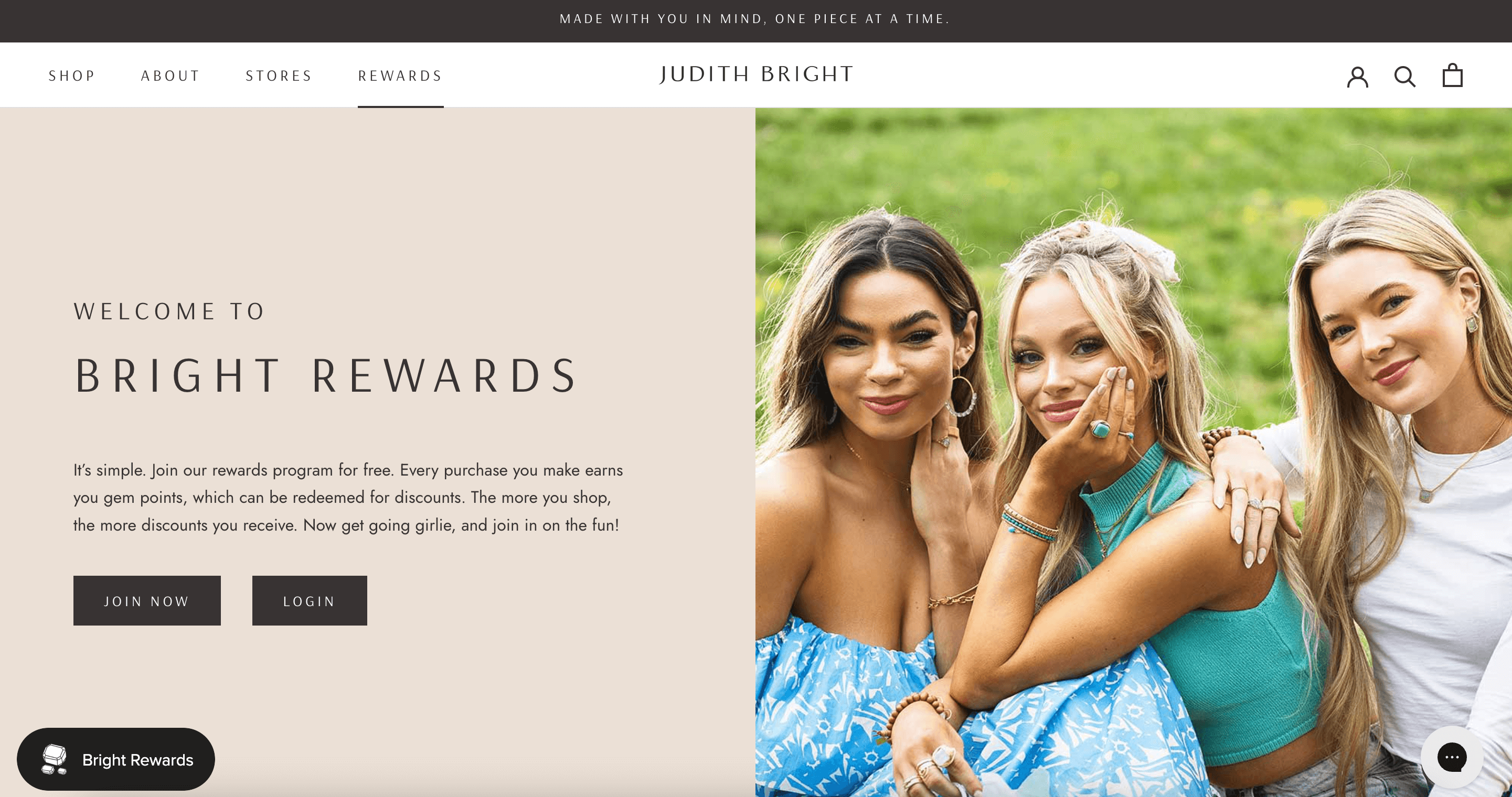 A screenshot of Judith Bright’s rewards program explainer page showing some text explaining the program and an image of 3 women wearing jewelry. 