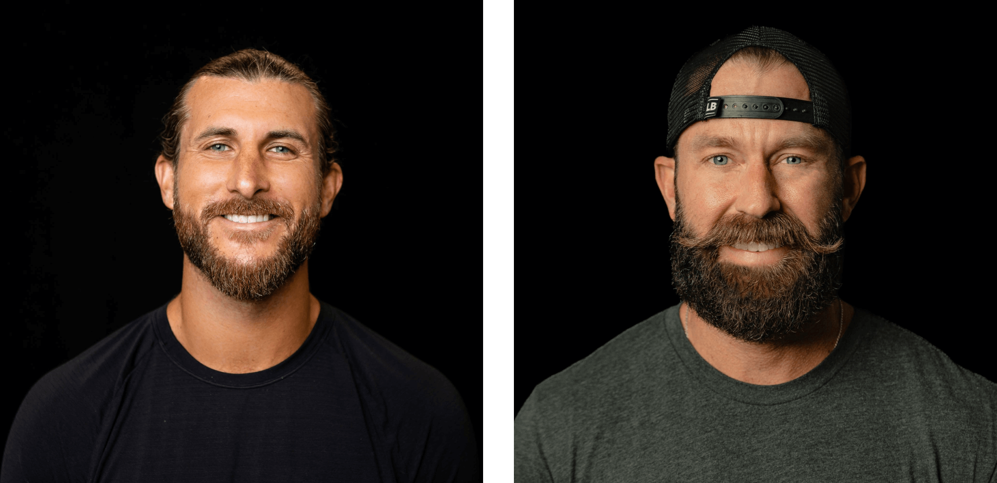 Side-by-side headshots of the Live Bearded founders Anthony Mink and Spencer Davis. They are smiling in front of a black backdrop, and both of them have beards and mustaches. 