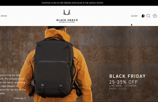 gif of ecommerce store black ember showing onsite notifications