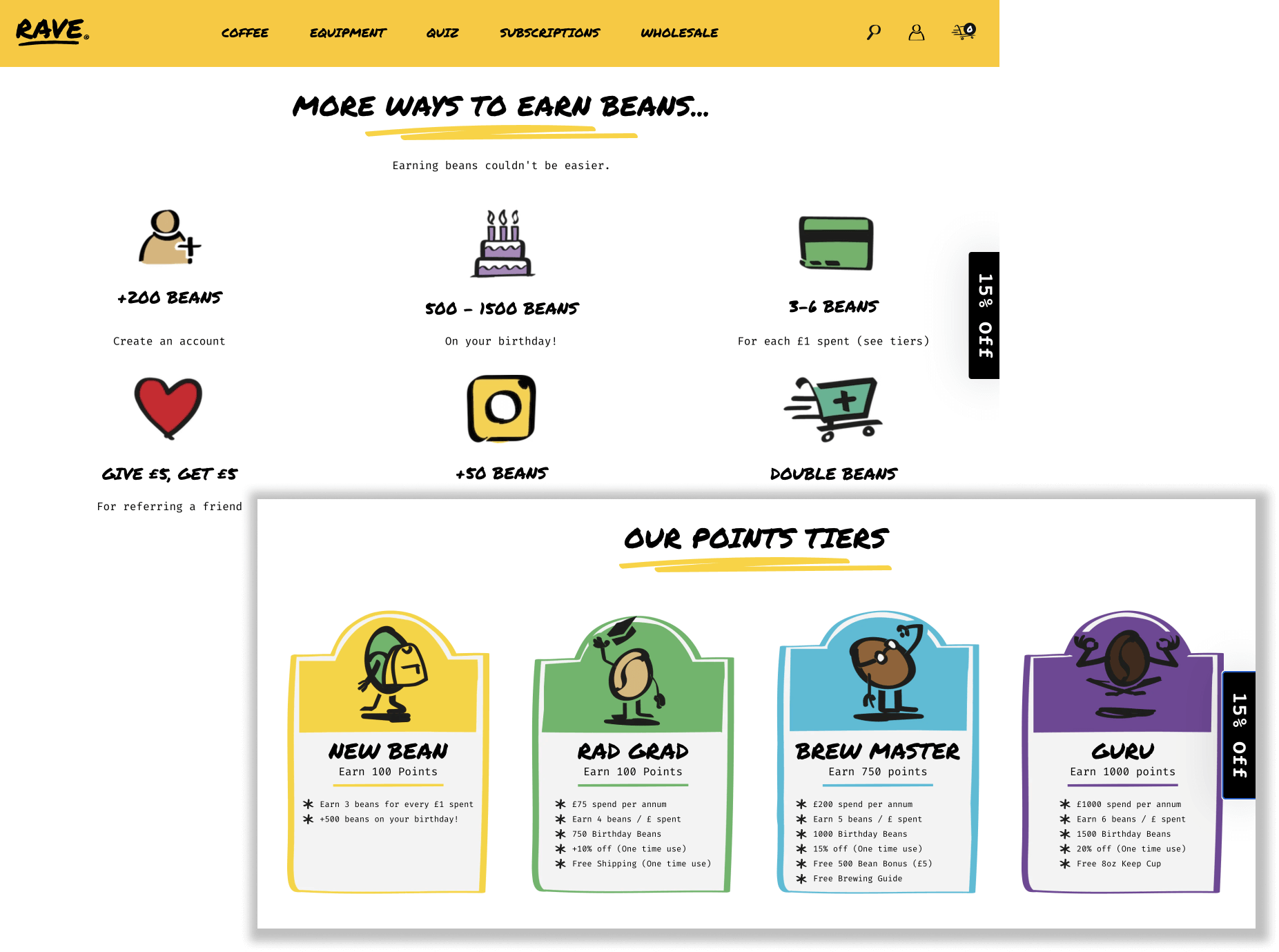 A screenshot from RAVE Coffee’s rewards program explainer page showing different ways to earn “beans” or points and the different VIP tiers customers can earn. 