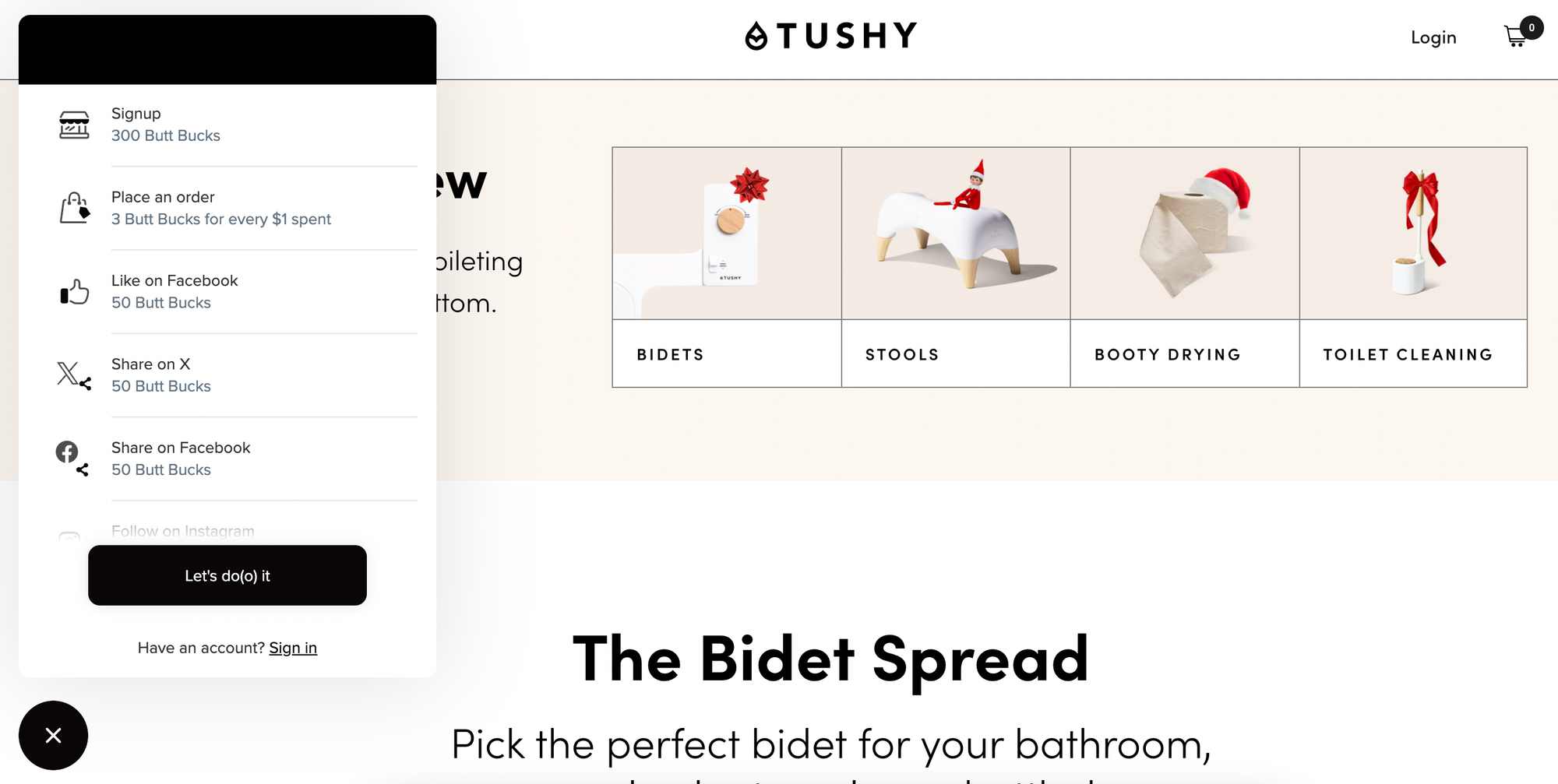 screenshot of ecommerce brand Tushy and its rewards program