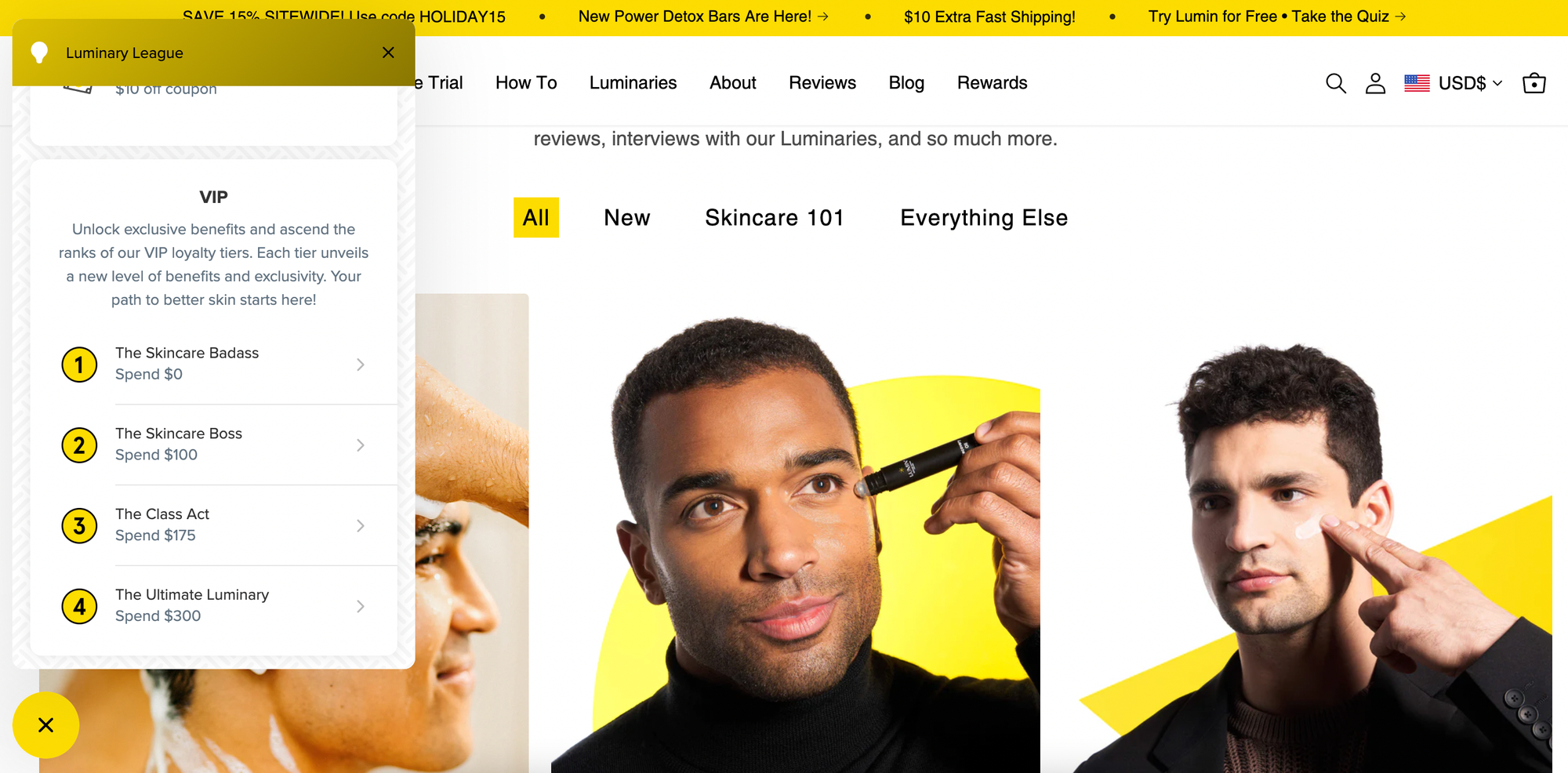 screenshot of ecommerce brand Lumin and its loyalty program page