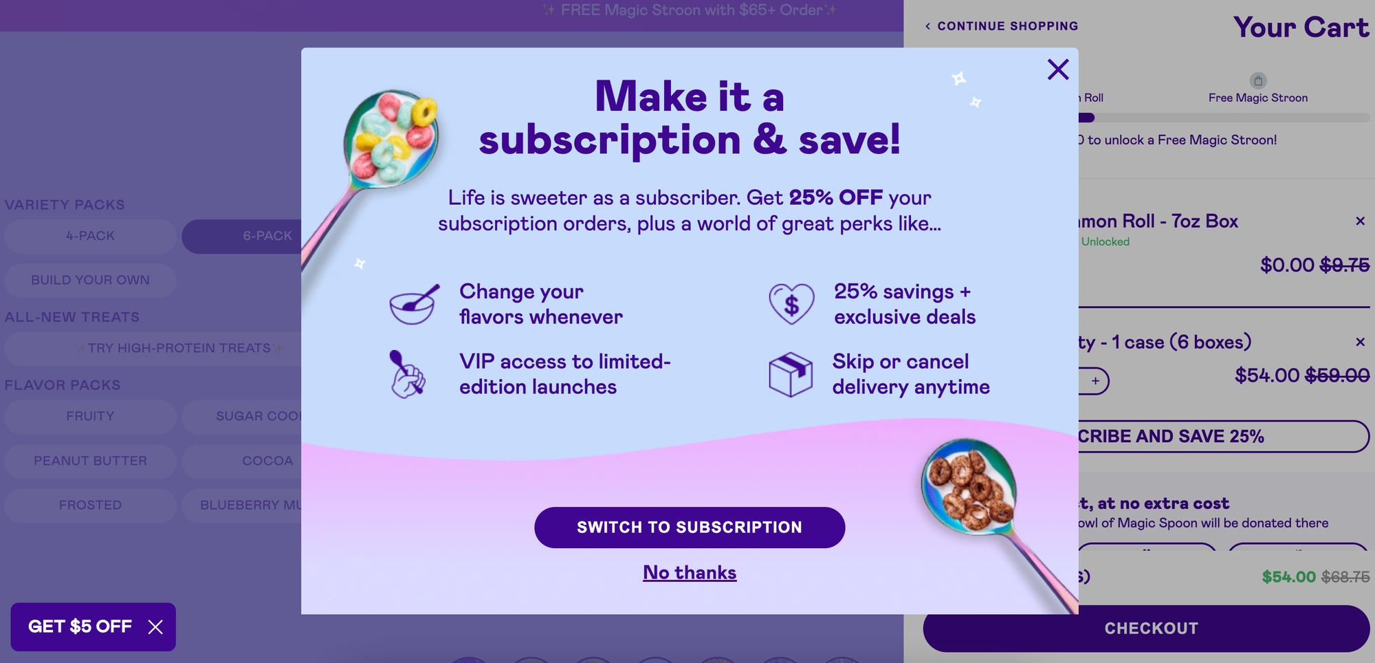 screenshot of magic spoon and subscription pop up