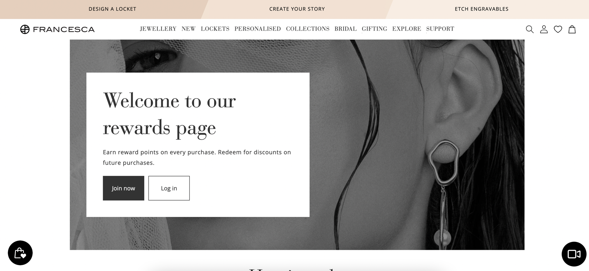 screenshot of Francesca Jewelry landing page on loyalty