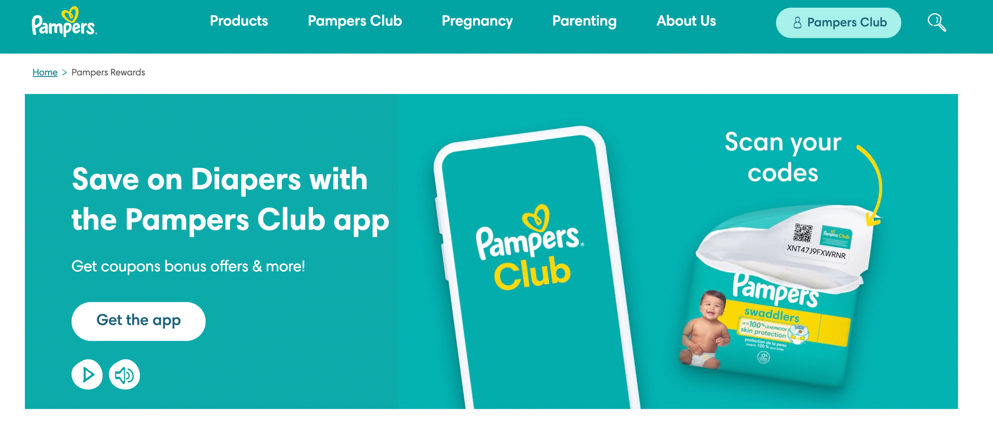 screenshot of pampers club wesbite with app 