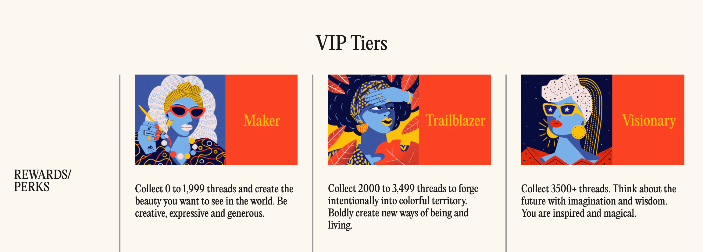 A screenshot of the Unwrap Rewards explainer page showing the 3 VIP tiers, with a description of the rewards and perks of each. 