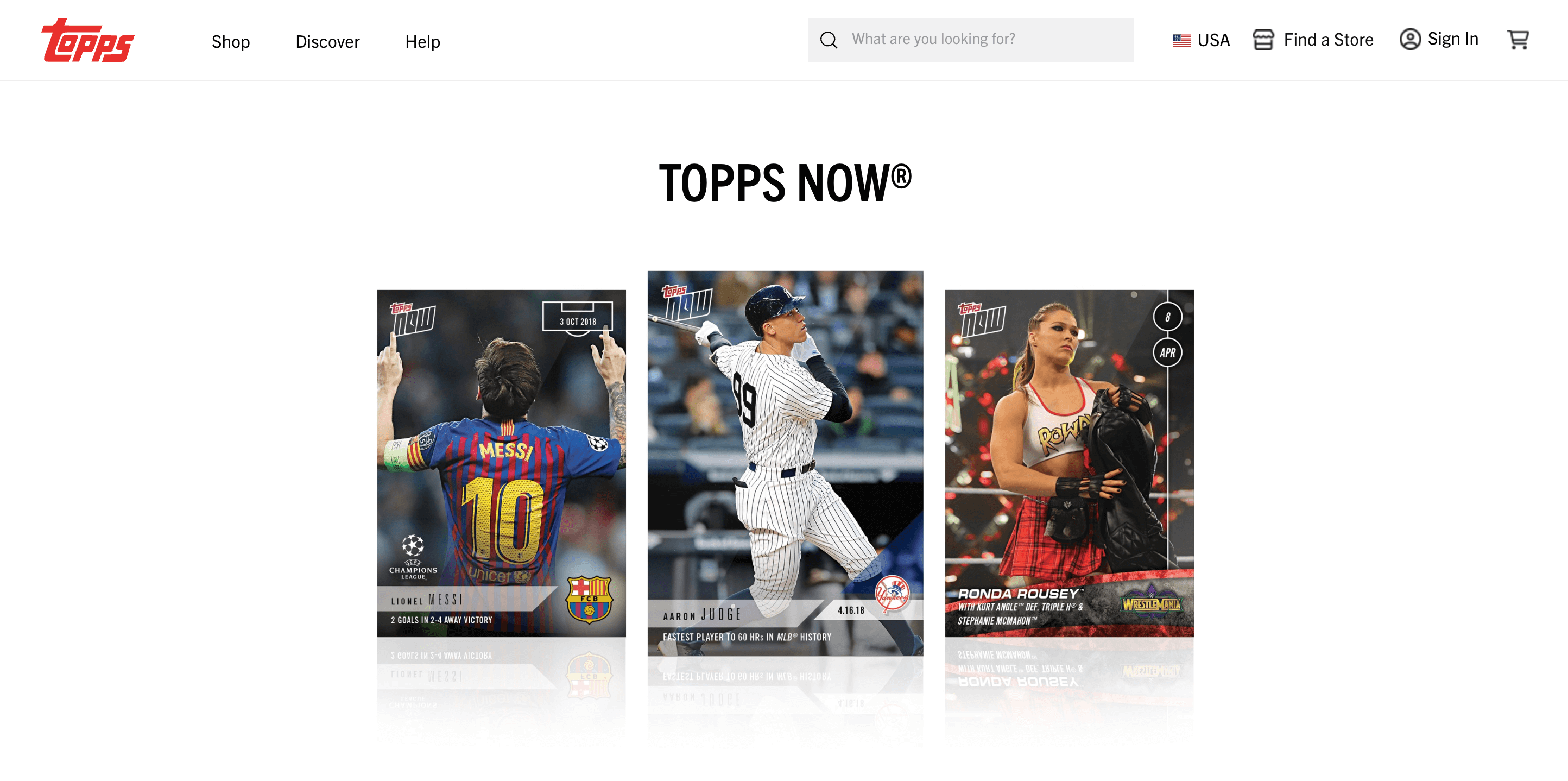 A screenshot of Topps Topps Now page showing images of 3 sports cards. 