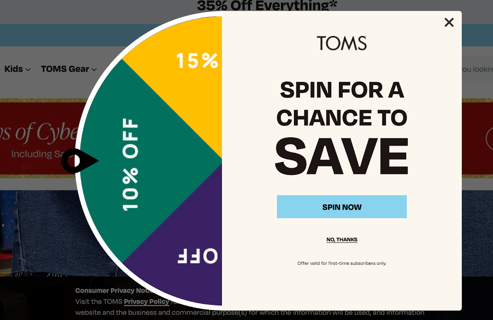 screenshot of TOMS website page using gamification campaigns