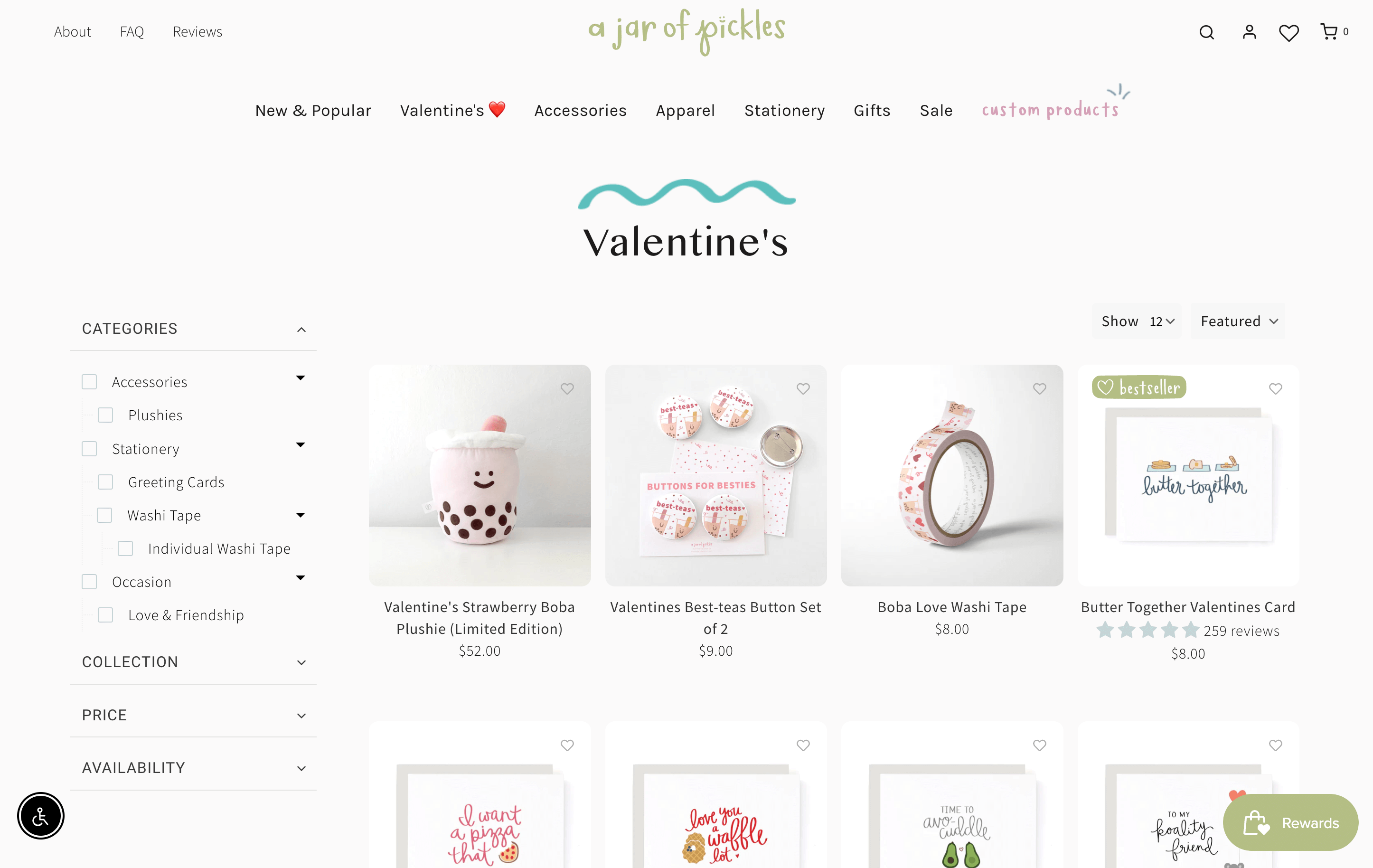 Valentine’s Day Gift Guide–A screenshot of A Jar of Pickles’ Valentine’s Day Collection, including several cards. 