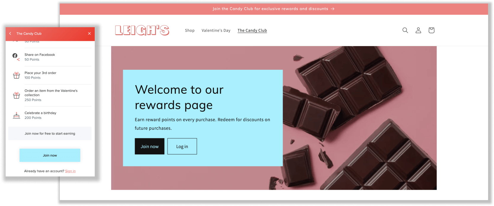 A screenshot of a loyalty program explainer page and the rewards panel showing how to earn points. Custom actions include placing a third order and ordering from the Valentine’s Day collection. 