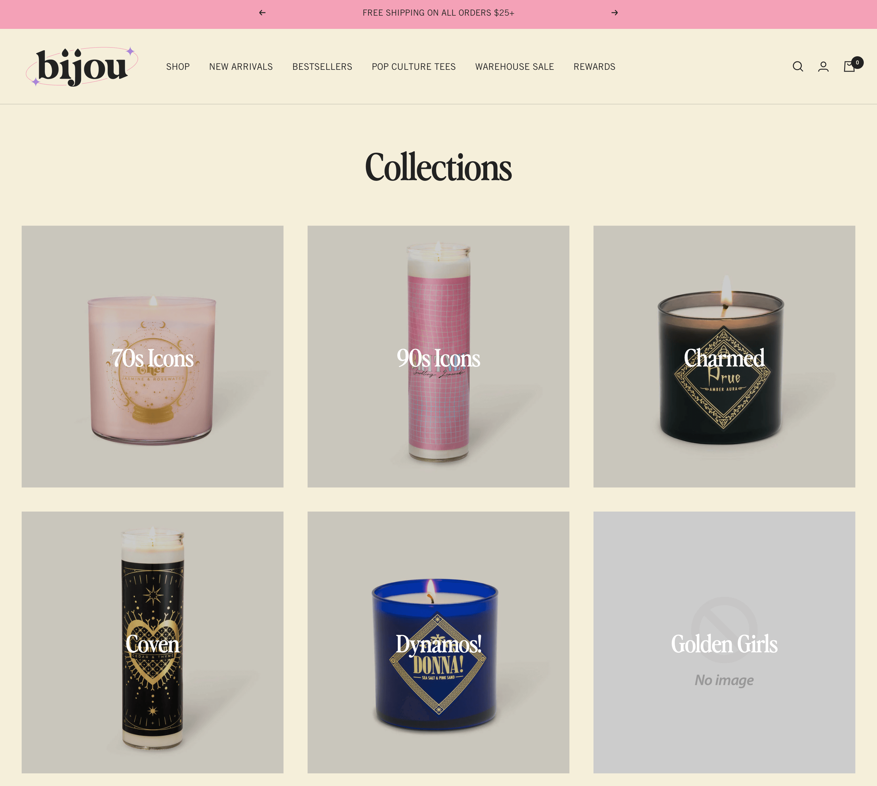 Valentine’s Day Gift Guide–A screenshot showing 6 candles on Bijou Candles’ website titled “Collections.” The 6 collections shown are 70s Icons, 90s Icons, Charmed, Coven, Dynamos!, and Golden Girls. 